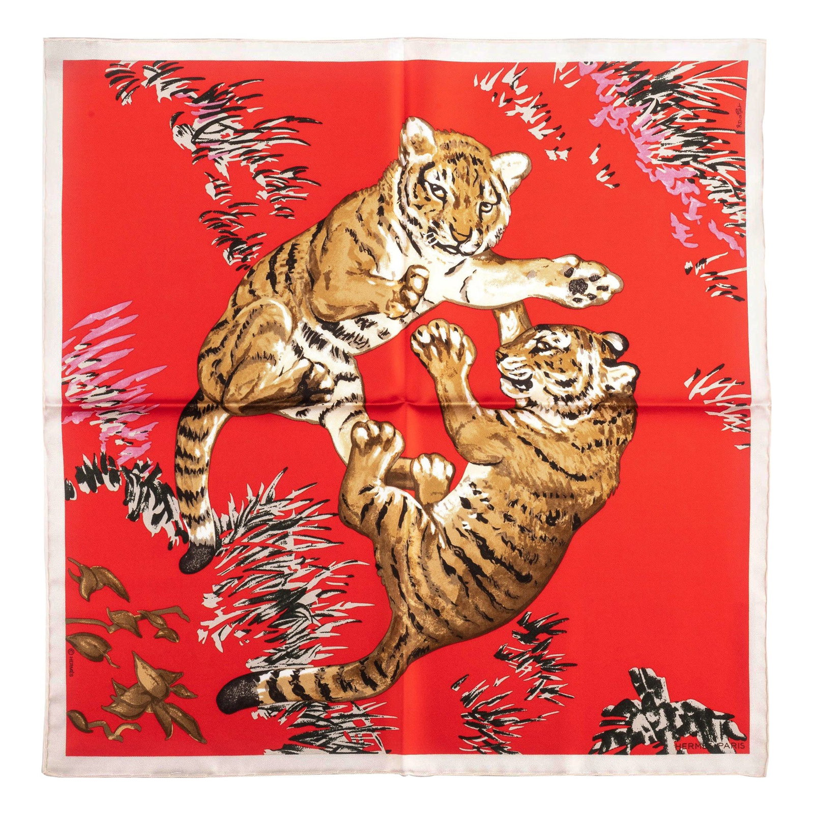 Hermes Tiger Cubs Red Silk Gavroche Scarf 16.5 Inch: Hermes Tiger Cubs Red Silk Gavroche Scarf 16.5 Inch This Hermes gavroche scarf features a red and white design with tiger cub motifs and hand-rolled edges. Crafted from silk, the scarf is presented in