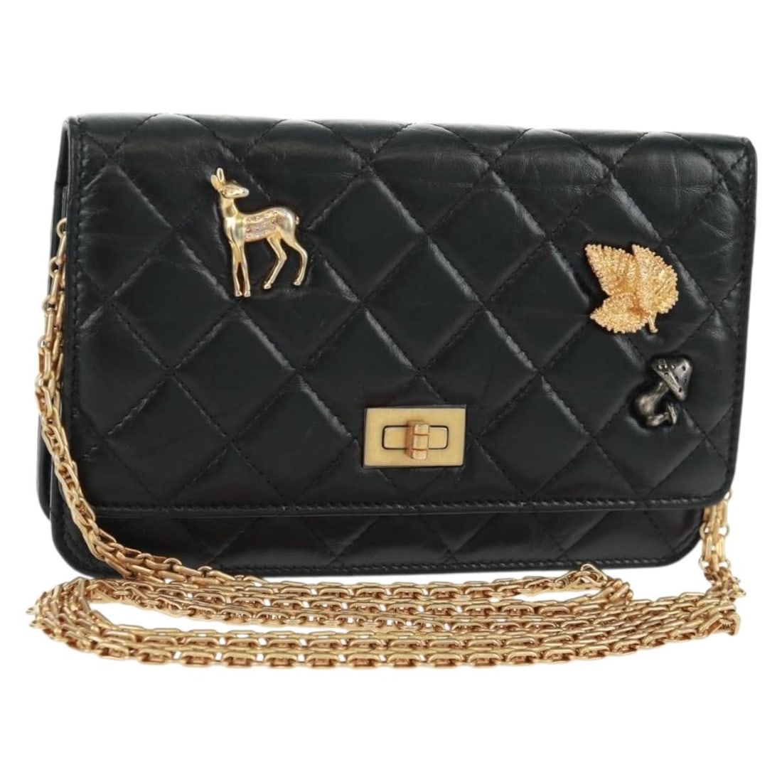 Chanel Matelasse 2.55 Black Leather Shoulder Bag with Gold Chain and CC Logo: Chanel Matelasse 2.55 Black Leather Shoulder Bag with Gold Chain and CC Logo This CHANEL Chain Matelasse 2.55 shoulder bag features a classic design crafted from black leather with gold-tone accents.