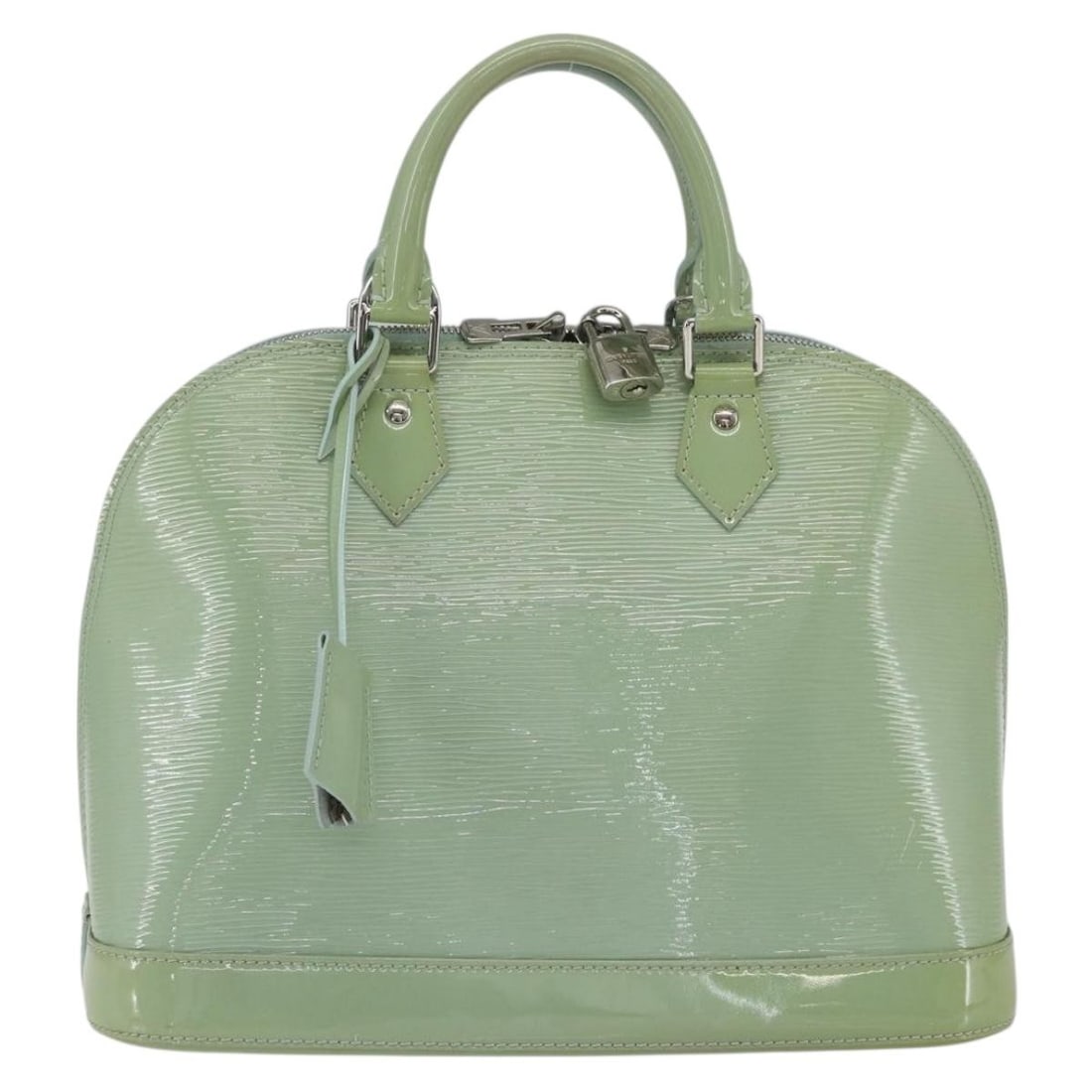 Louis Vuitton Alma Patent Leather Handbag Green 32cm: Louis Vuitton Alma Patent Leather Handbag Green 32cm This Louis Vuitton Alma handbag features the classic Monogram Vernis patent leather in green, designed for women. It shows signs of use including s