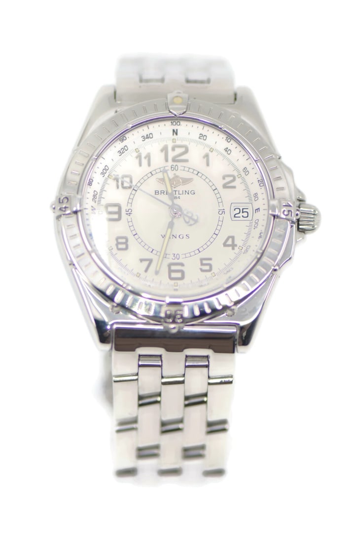 Breitling Windrider Wings Stainless Steel Quartz Watch A66050: Breitling Windrider Wings Stainless Steel Quartz Watch A66050 The Breitling Windrider Wings is a stunning stainless steel wristwatch, featuring a refined white dial and analog display. It is powered b
