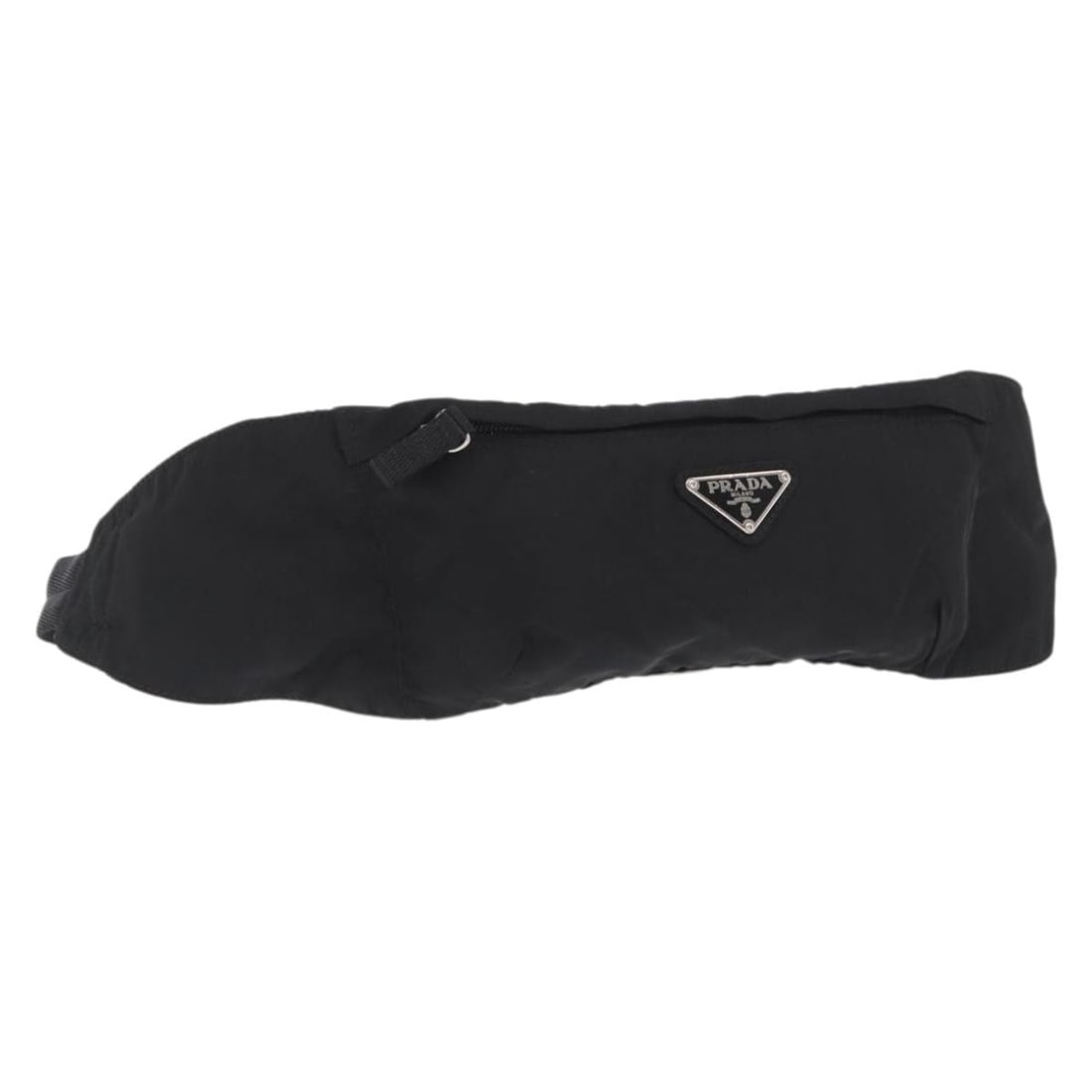 Prada Black Nylon Waist Bag with Silver Accents Made in Italy: Prada Black Nylon Waist Bag with Silver Accents Made in Italy This PRADA waist bag features a sleek black and silver nylon exterior, offering both style and functionality. Crafted in Italy, the bag is