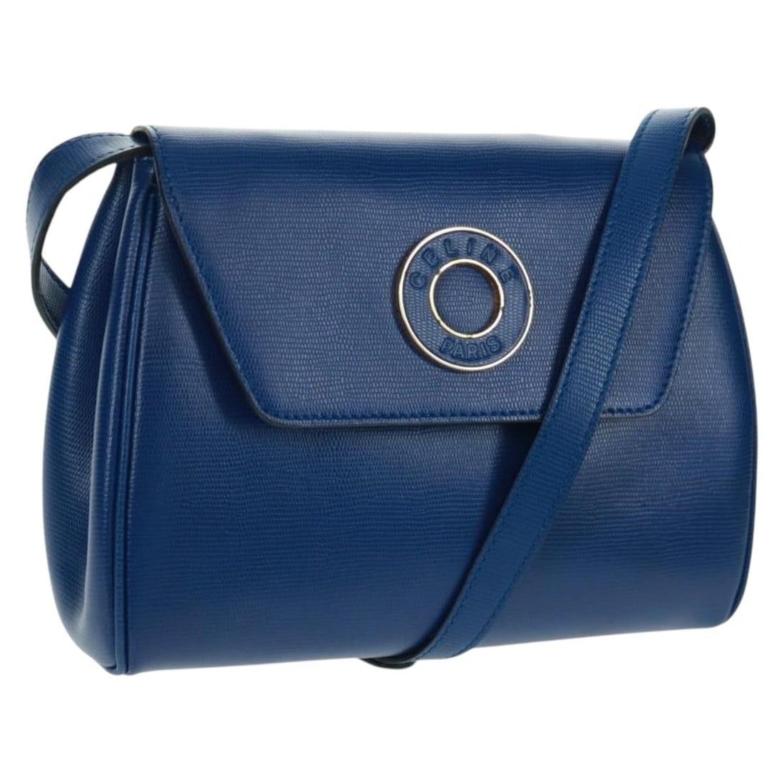 CELINE Blue Leather Circle Shoulder Bag with Gold Accents and Dust Bag: CELINE Blue Leather Circle Shoulder Bag with Gold Accents and Dust Bag This is a Celine Circle shoulder bag crafted from blue leather with gold-tone accents. The bag features a structured design with