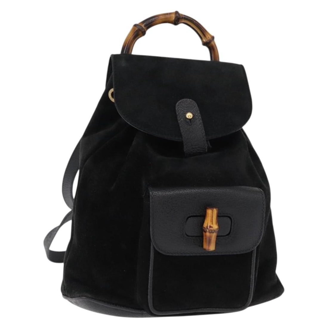 Gucci Black Suede Vintage Bamboo Backpack Italy 20cm x 22cm x 6cm: Gucci Black Suede Vintage Bamboo Backpack Italy 20cm x 22cm x 6cm This Gucci Vintage Bamboo Backpack is crafted from black suede and features the iconic bamboo detailing. Designed for women, it offers