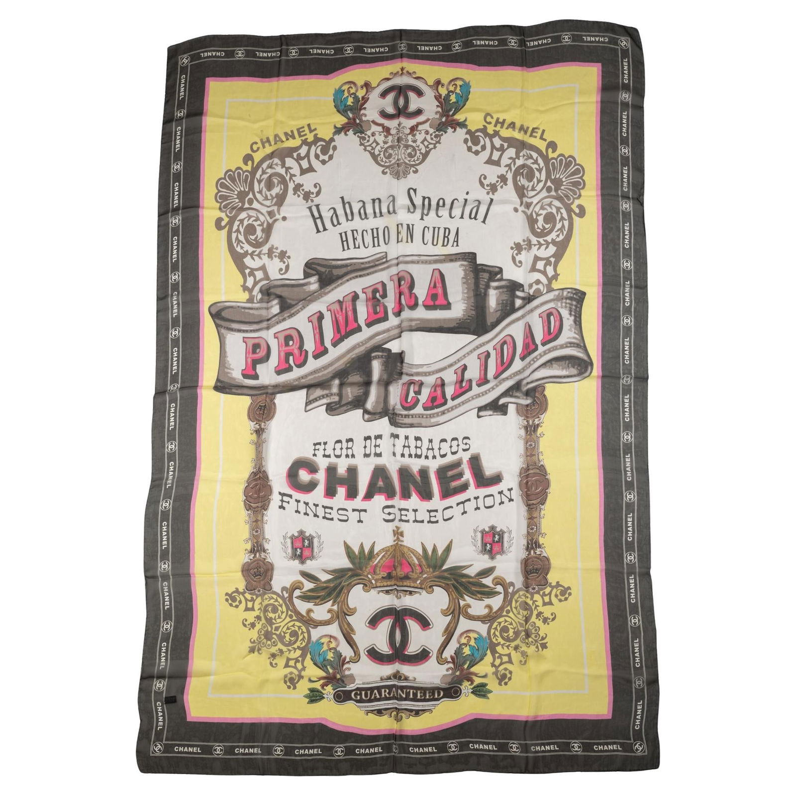 Chanel Paris-Cuba Silk Chiffon Shawl 76 x 50 in Italy: Chanel Paris-Cuba Silk Chiffon Shawl 76 x 50 in Italy Elevate your accessory collection with this exquisite Chanel "Paris-Cuba" Silk Chiffon Shawl from the 2017 Paris-Cuba Collection. This stunning pi