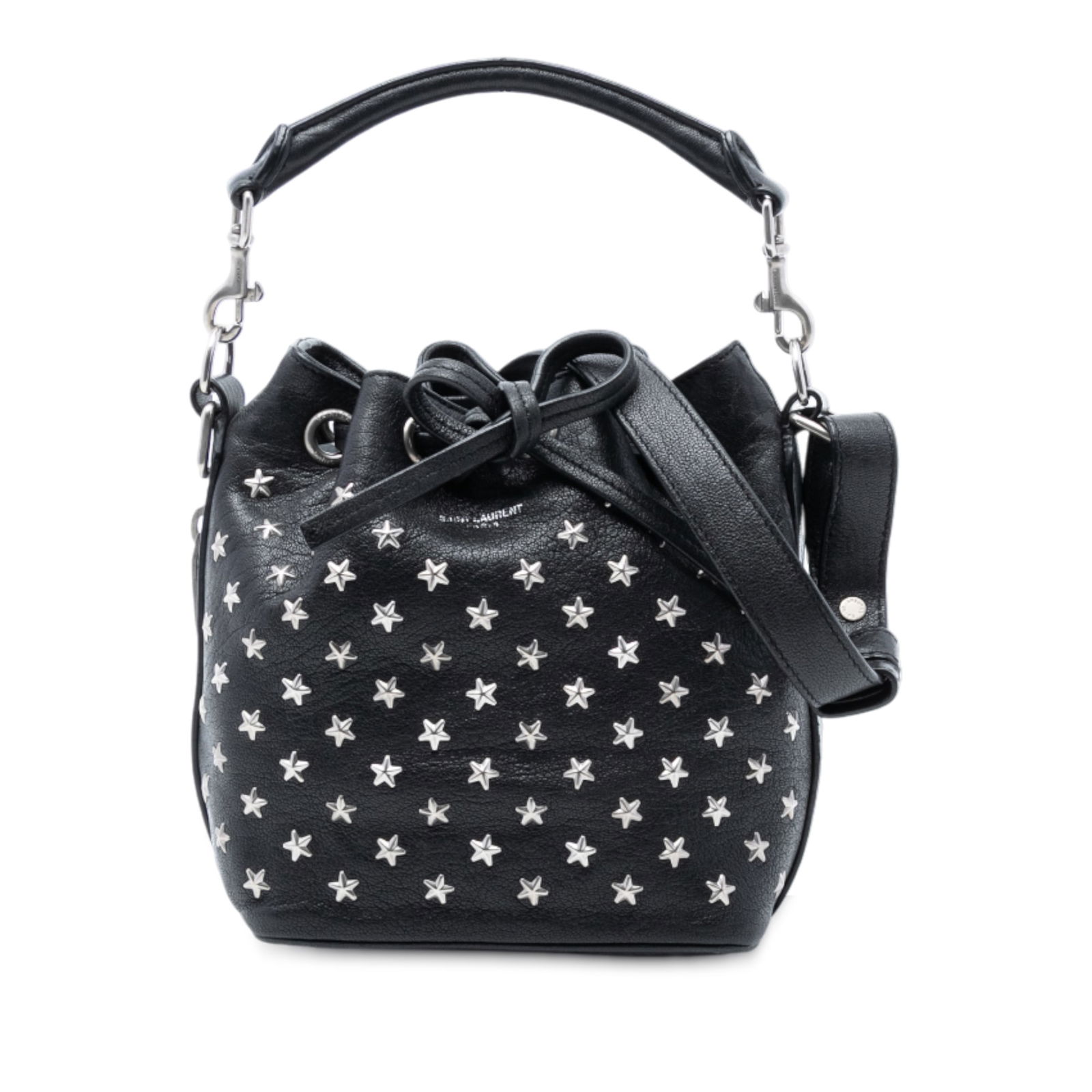 Saint Laurent Emmanuelle Black Leather Bucket Bag with Star Stud Accents: Saint Laurent Emmanuelle Black Leather Bucket Bag with Star Stud Accents This Saint Laurent Small Star Studded Calfskin Emmanuelle Bucket Bag features a black leather body with star stud embellishment