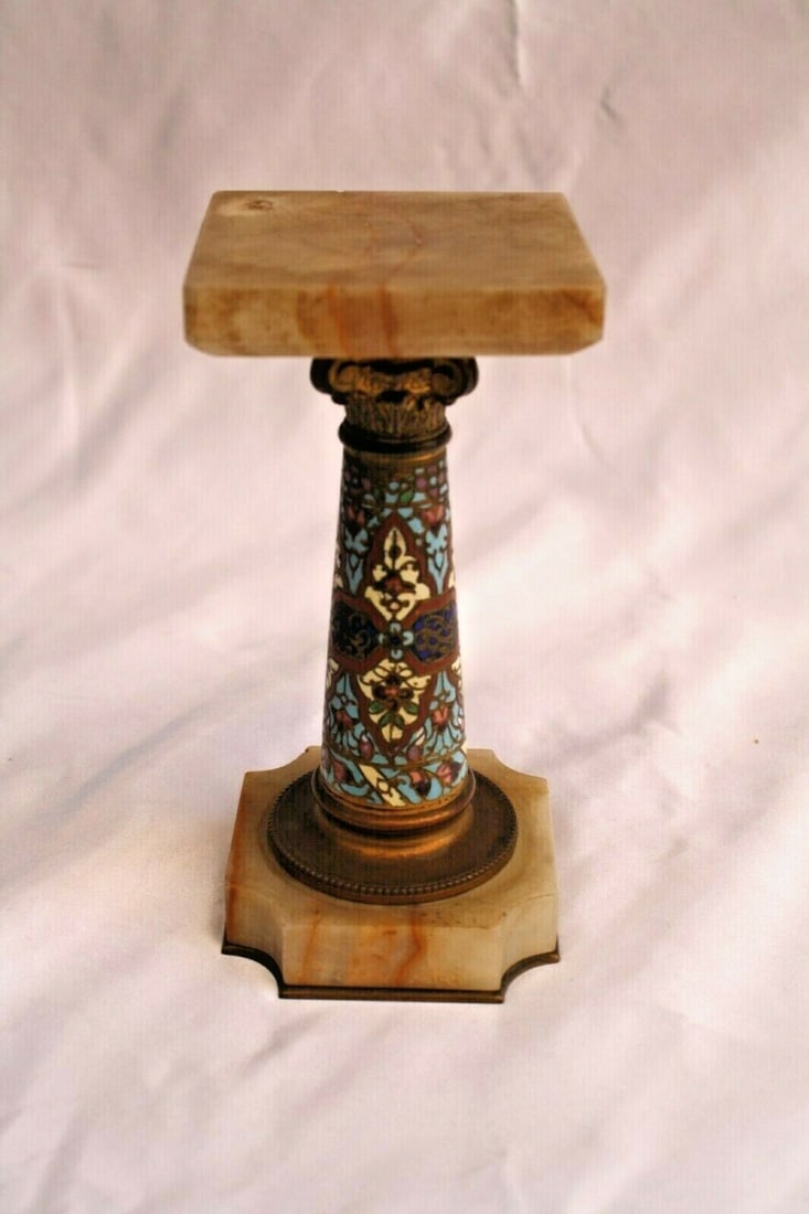19th Century French Enameled Bronze Miniature Stand on Marble: 19th Century French Enameled Bronze Miniature Stand on Marble This exquisite 19th-century French miniature stand showcases remarkable craftsmanship, featuring enameled bronze mounted on a marble base.