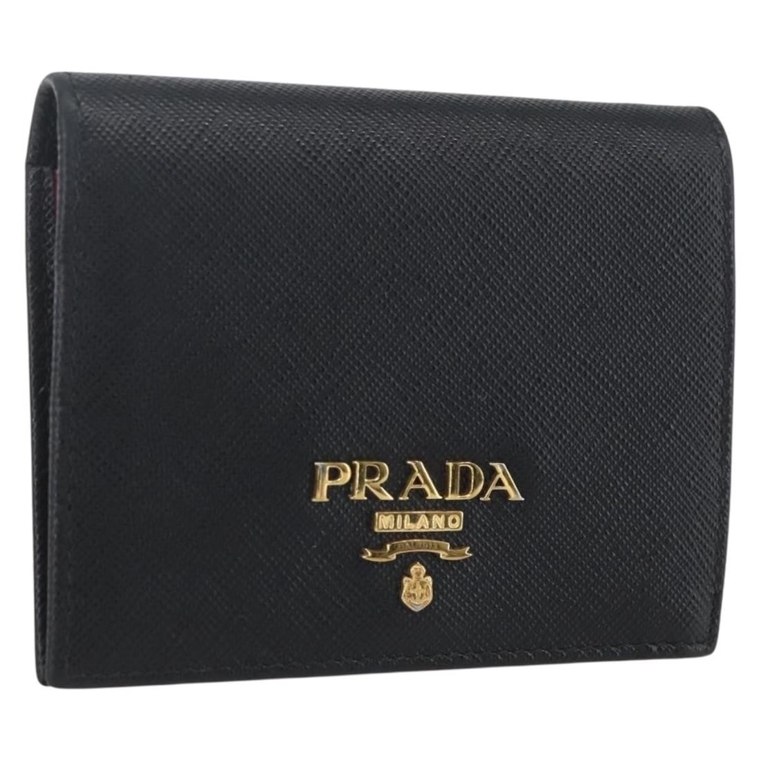 Prada Saffiano Leather Black and Gold Wallet with Dust Bag and Box: Prada Saffiano Leather Black and Gold Wallet with Dust Bag and Box This PRADA wallet is crafted from Saffiano leather in black with gold-tone accents. The compact design features a structured silhouet