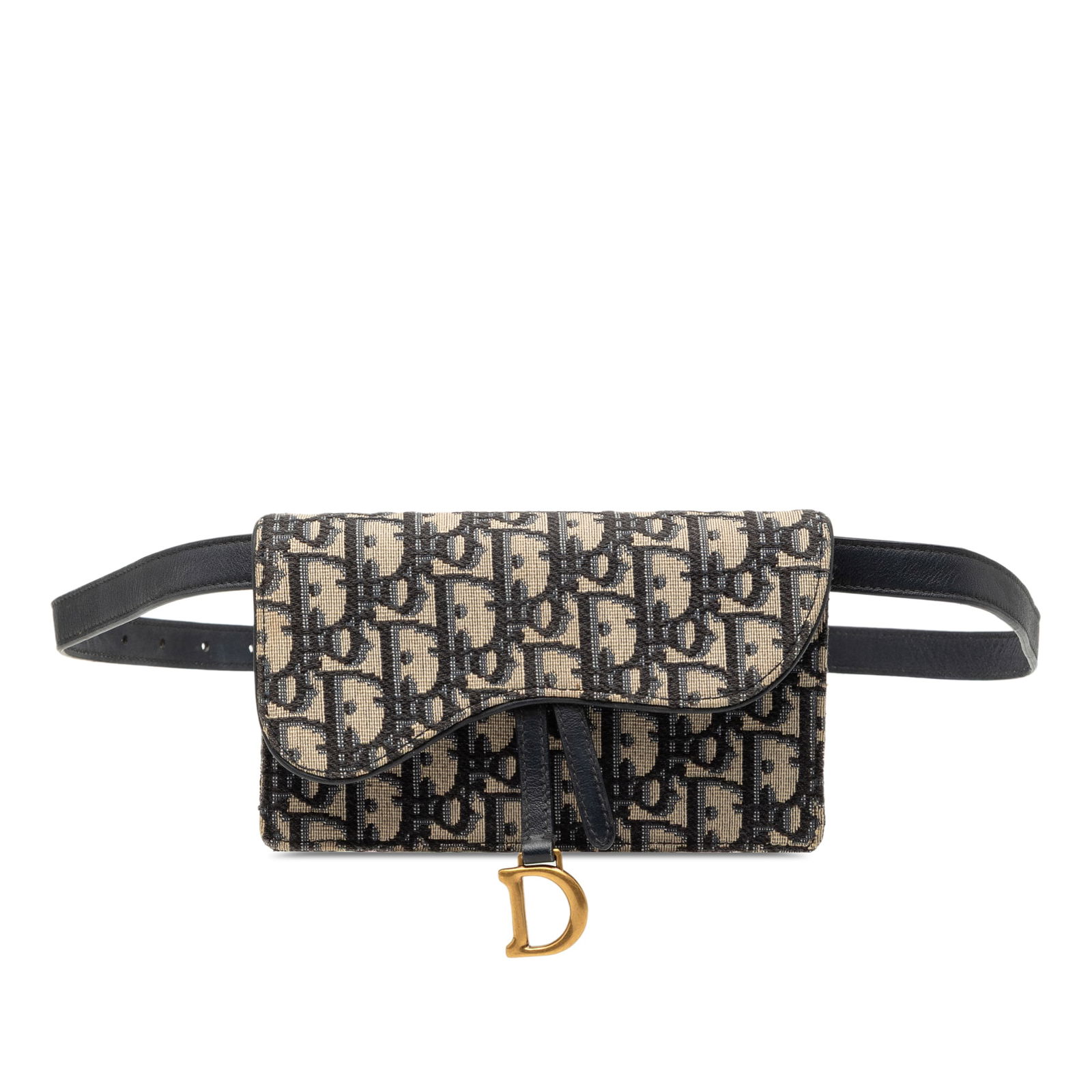 Blue Dior Oblique Saddle Belt Bag with Canvas and Leather Strap: Blue Dior Oblique Saddle Belt Bag with Canvas and Leather Strap The Dior Oblique Canvas Saddle Belt Bag features a blue canvas body with an adjustable flat leather belt strap and a front flap closure.