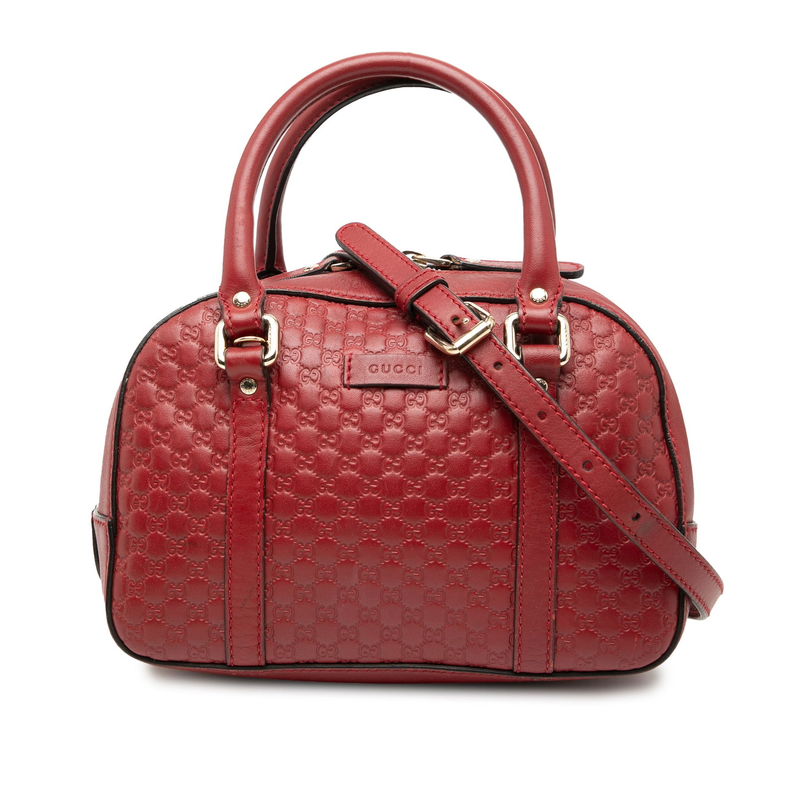 Red Microguccissima Bree Leather Satchel with Bamboo Handles by Gucci: Red Microguccissima Bree Leather Satchel with Bamboo Handles by Gucci This Gucci Small Microguccissima Bree Satchel features a red leather body with bamboo top handles, a detachable and adjustable fla