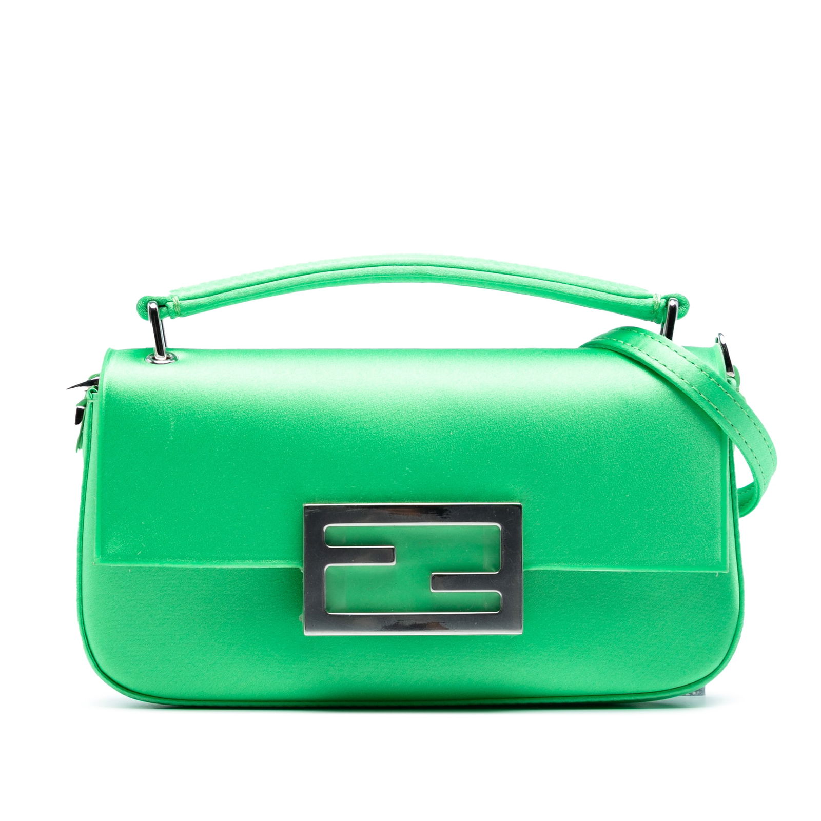 Fendi Green Silk Baguette Phone Pouch with Top Handle and Strap: Fendi Green Silk Baguette Phone Pouch with Top Handle and Strap This Fendi Silk Baguette Phone Pouch Satchel showcases a green silk fabric body with a flat top handle, a detachable flat strap, and a f