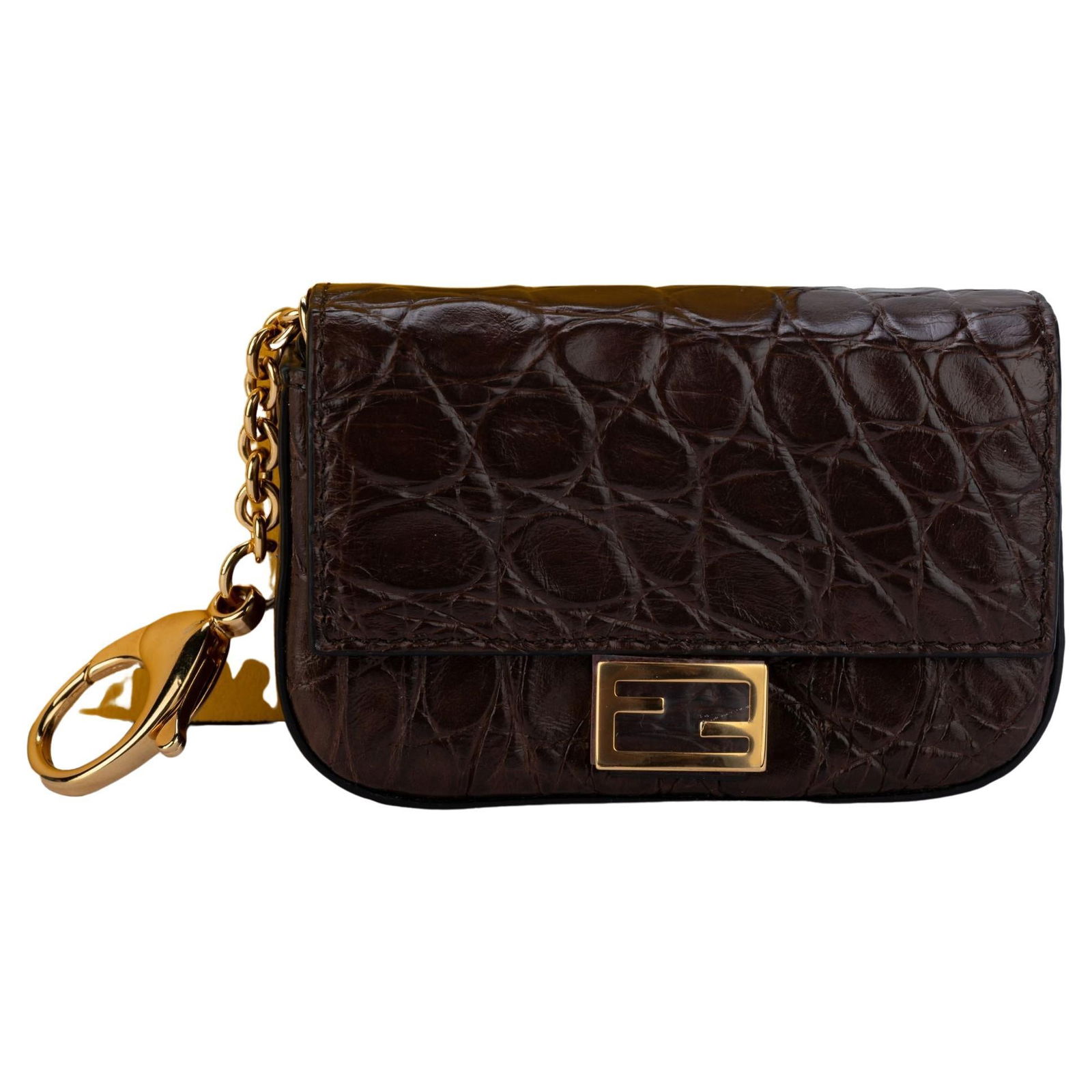 Fendi Nano Baguette Brown Cayman Leather Charm Bag with Gold Tone Hardware: Fendi Nano Baguette Brown Cayman Leather Charm Bag with Gold Tone Hardware This exquisite Fendi Nano Baguette is crafted from luxurious brown cayman leather, featuring elegant gold tone hardware. With