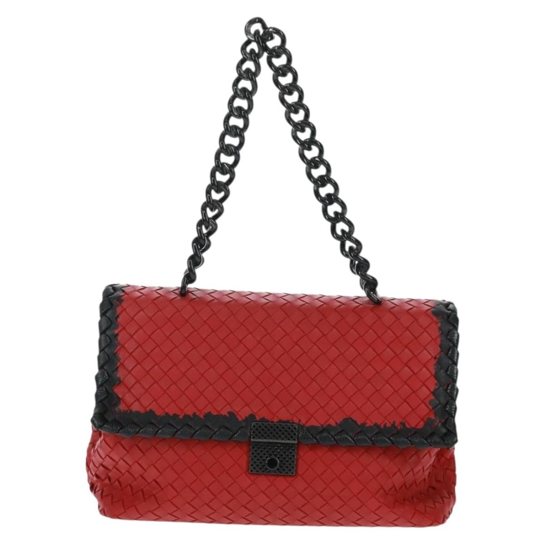 Red Intrecciato Nappa Shoulder Bag with Snakeskin by Bottega Veneta: Red Intrecciato Nappa Shoulder Bag with Snakeskin by Bottega Veneta This Bottega Veneta Glass Shoulder Bag features the brand's signature Intrecciato Nappa leather design with striking snakeskin accen