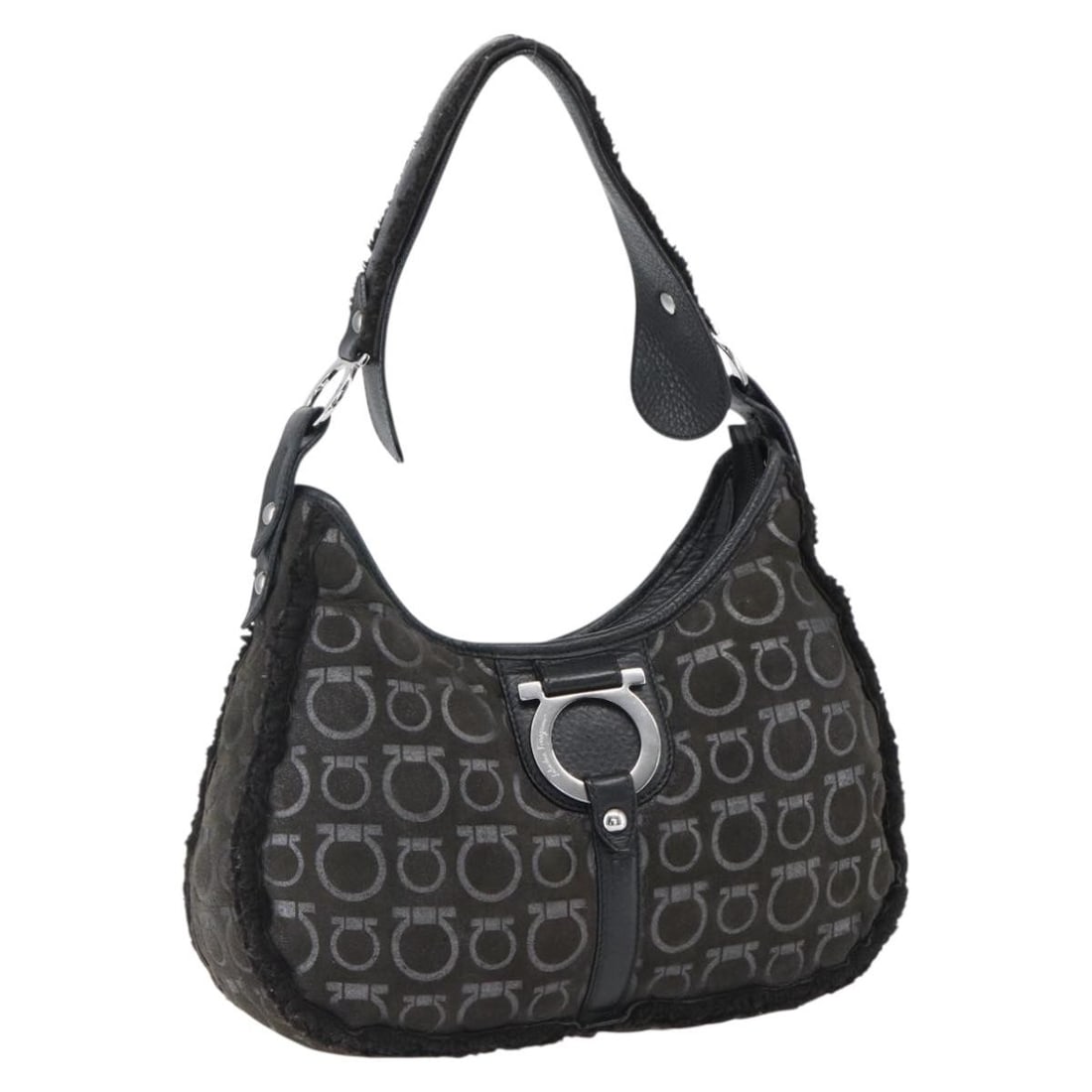 Black Cotton Gancini Shoulder Bag by Salvatore Ferragamo Silver Accents: Black Cotton Gancini Shoulder Bag by Salvatore Ferragamo Silver Accents This Salvatore Ferragamo Gancini shoulder bag features a black cotton exterior with silver-tone accents. Designed for everyday u