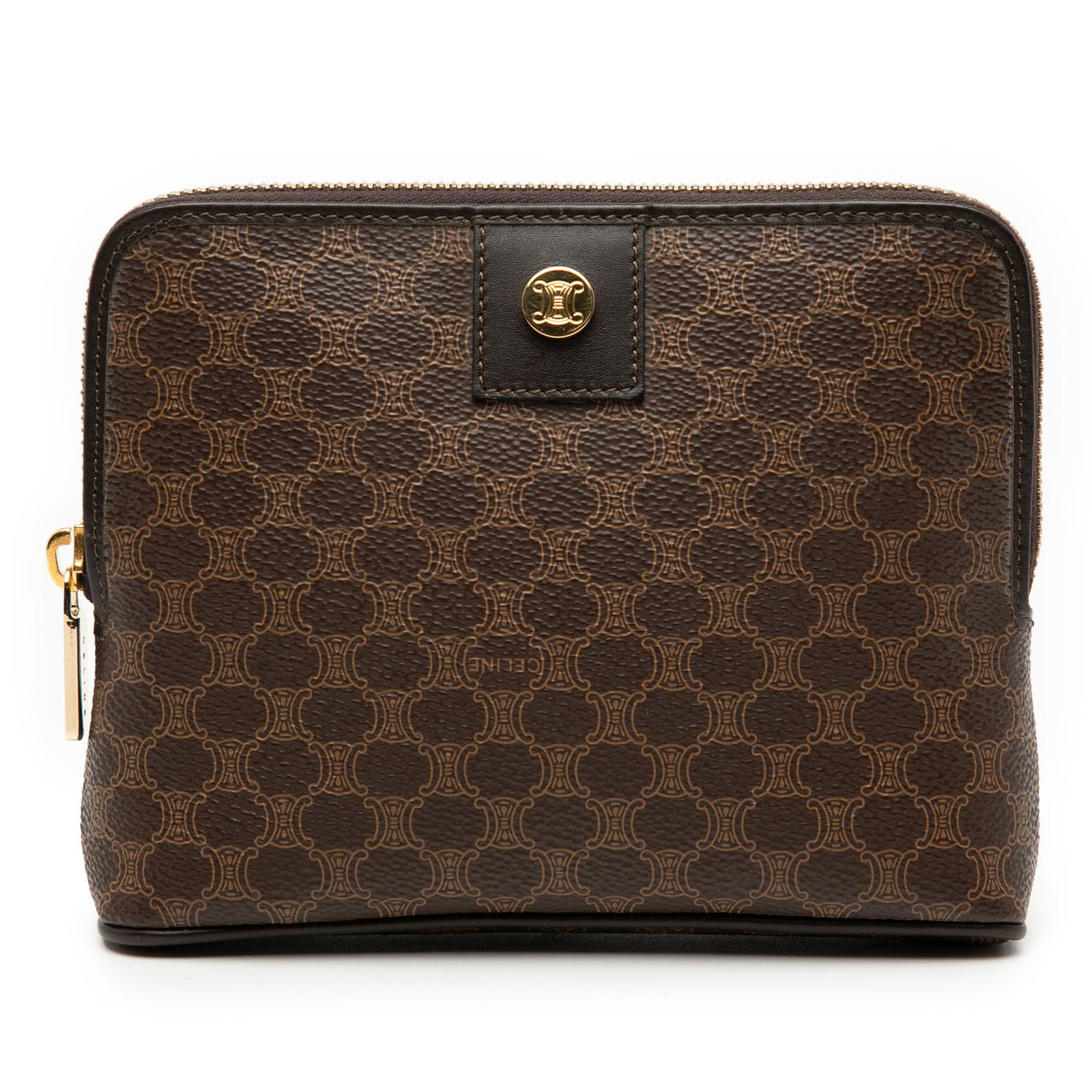 Celine Brown Macadam Small Leather Trim Canvas Zip Pouch Bag (1 of 7)