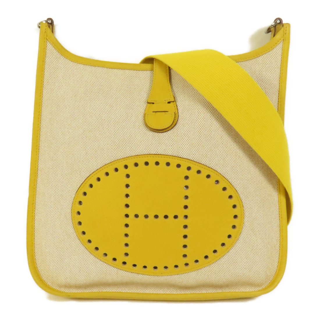 HERMES Evelyne PM Shoulder Bag Canvas Leather Ivory Yellow: HERMES Evelyne PM Shoulder Bag Canvas Leather Ivory Yellow Experience the elegance of the HERMES Evelyne PM Shoulder Bag, beautifully crafted from durable canvas in a vibrant yellow hue. This stylish