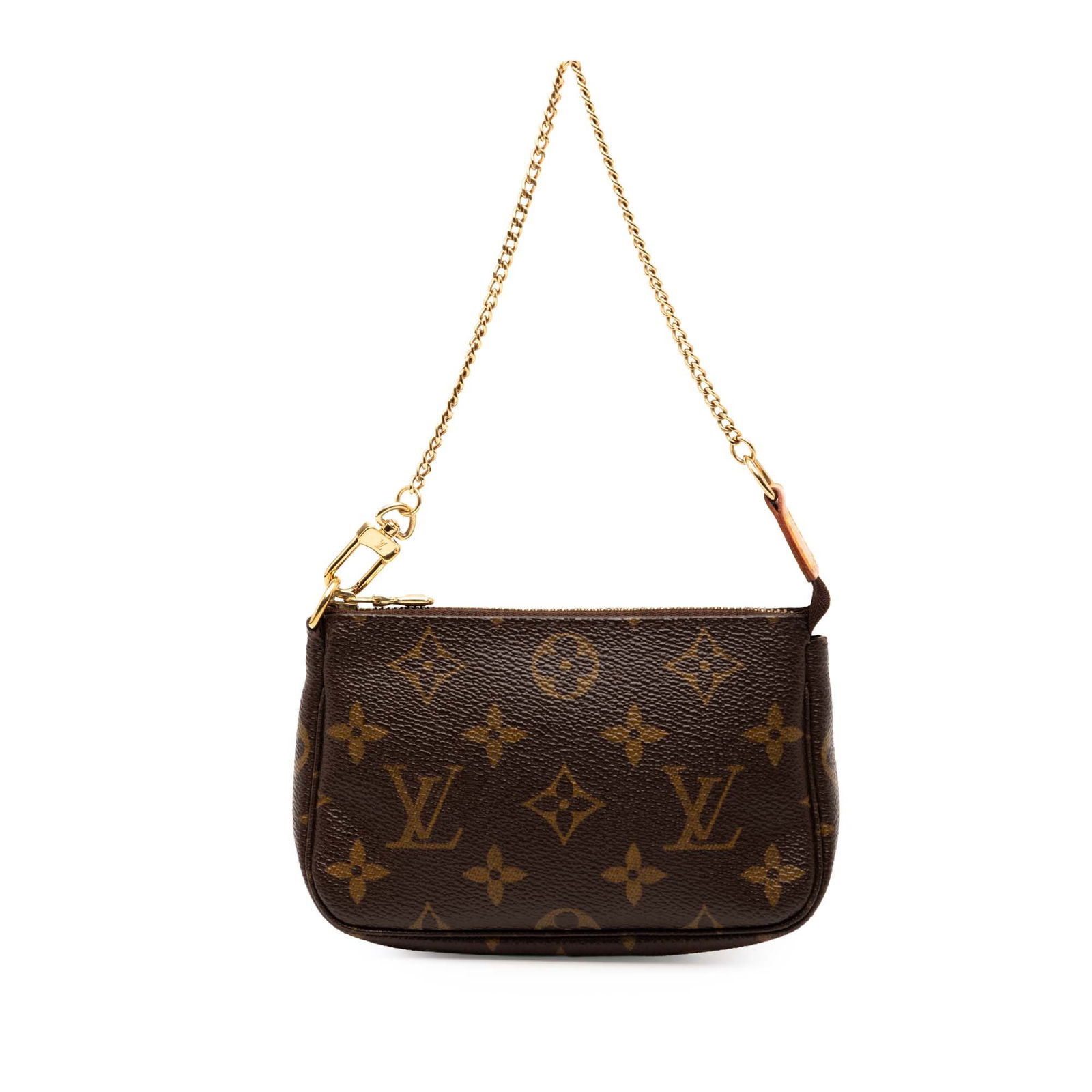 Louis Vuitton Mini Pochette Monogram Canvas Bag with Chain Handle: Louis Vuitton Mini Pochette Monogram Canvas Bag with Chain Handle This Louis Vuitton Monogram Mini Pochette Accessoires features the iconic monogram canvas body and a chain link handle with a top zip