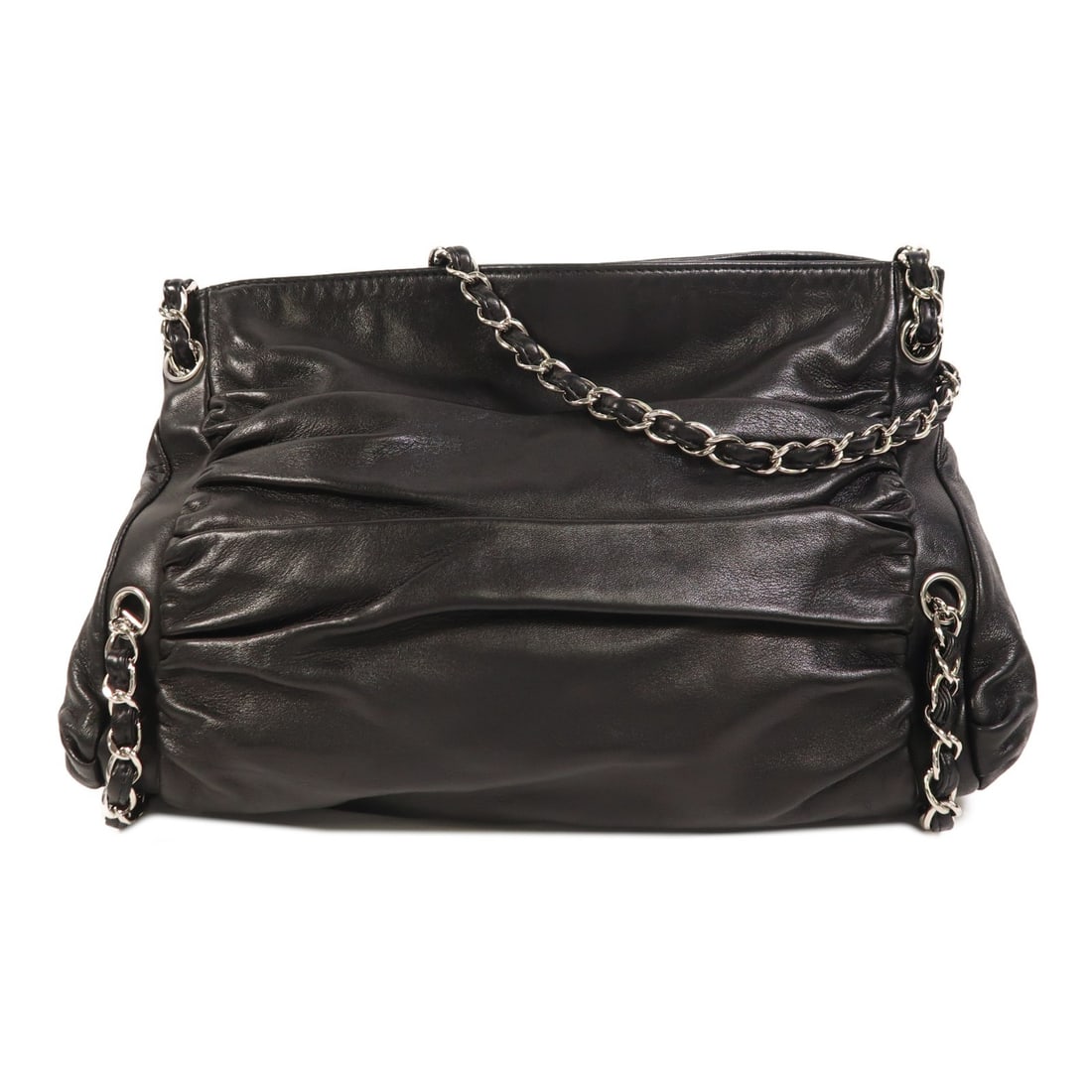 Black Lambskin Leather Chanel CC Chain Shoulder Bag with Silver Hardware: Black Lambskin Leather Chanel CC Chain Shoulder Bag with Silver Hardware This CHANEL CC shoulder bag features a classic black lambskin leather exterior with a chain strap and silver-tone hardware. The
