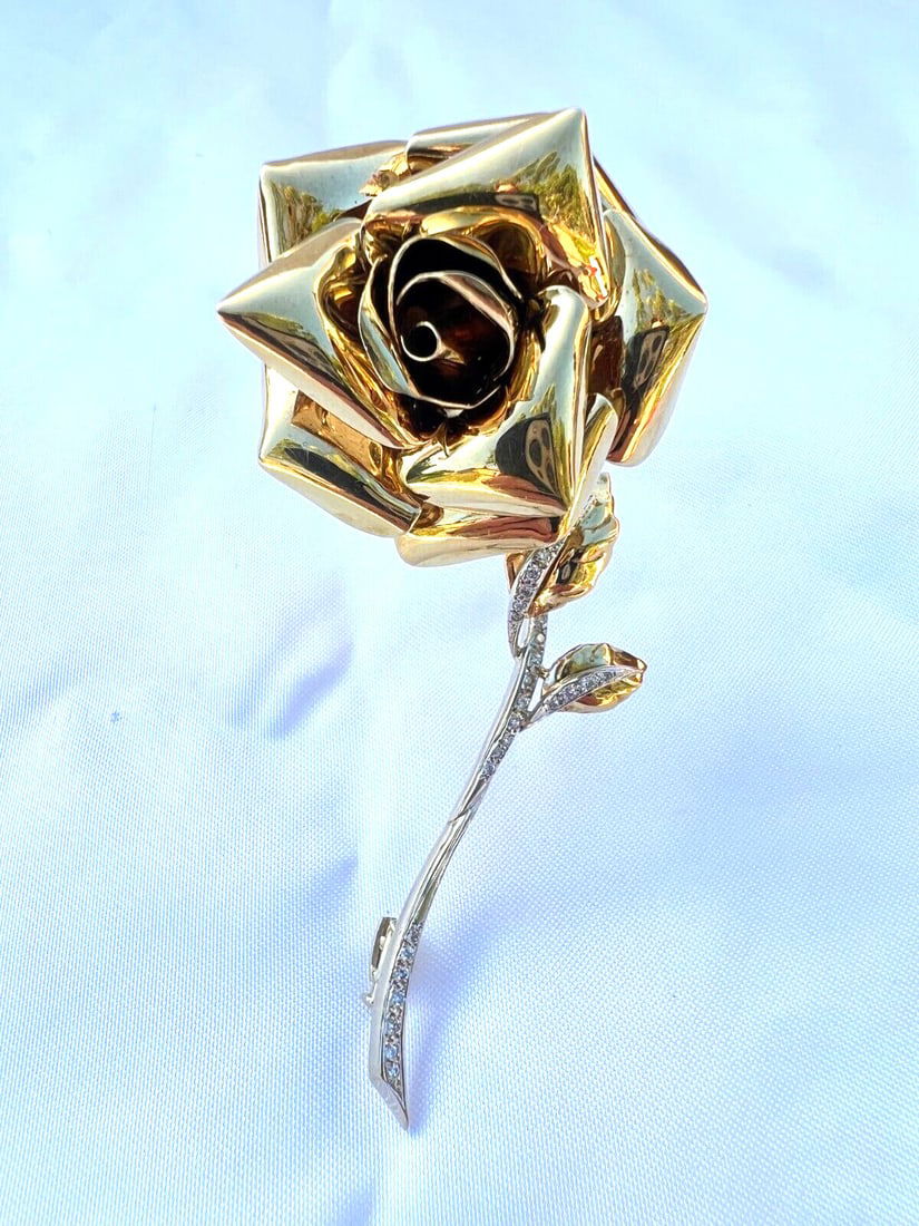 French 18K Gold Diamond Rose Brooch Signed Hallmarked (1 of 8)