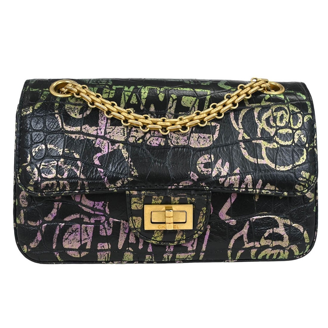 Chanel Black Leather Mademoiselle Lock Graffiti Shoulder Bag: Chanel Black Leather Mademoiselle Lock Graffiti Shoulder Bag This elegant Chanel Mademoiselle Lock Shoulder Bag features a stylish black embossed leather exterior complemented by a quilted design. Wit