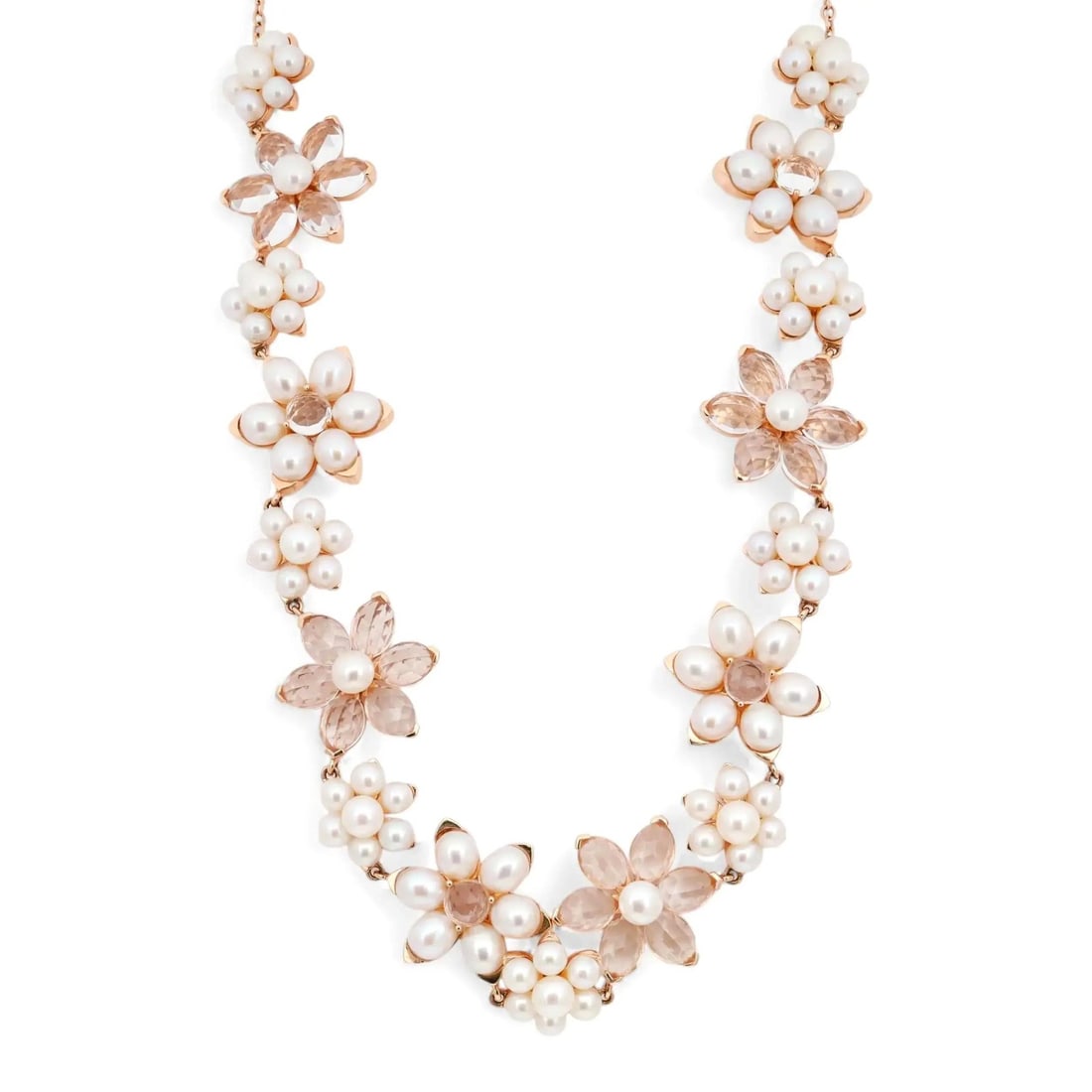 18k Rose Gold Choker With White Pearl and Crystal Floral Motifs by Mimi Milano: 18k Rose Gold Choker With White Pearl and Crystal Floral Motifs by Mimi Milano This elegant choker necklace by Mimi Milano is crafted from 18k rose gold and showcases delicate floral motifs adorned wi