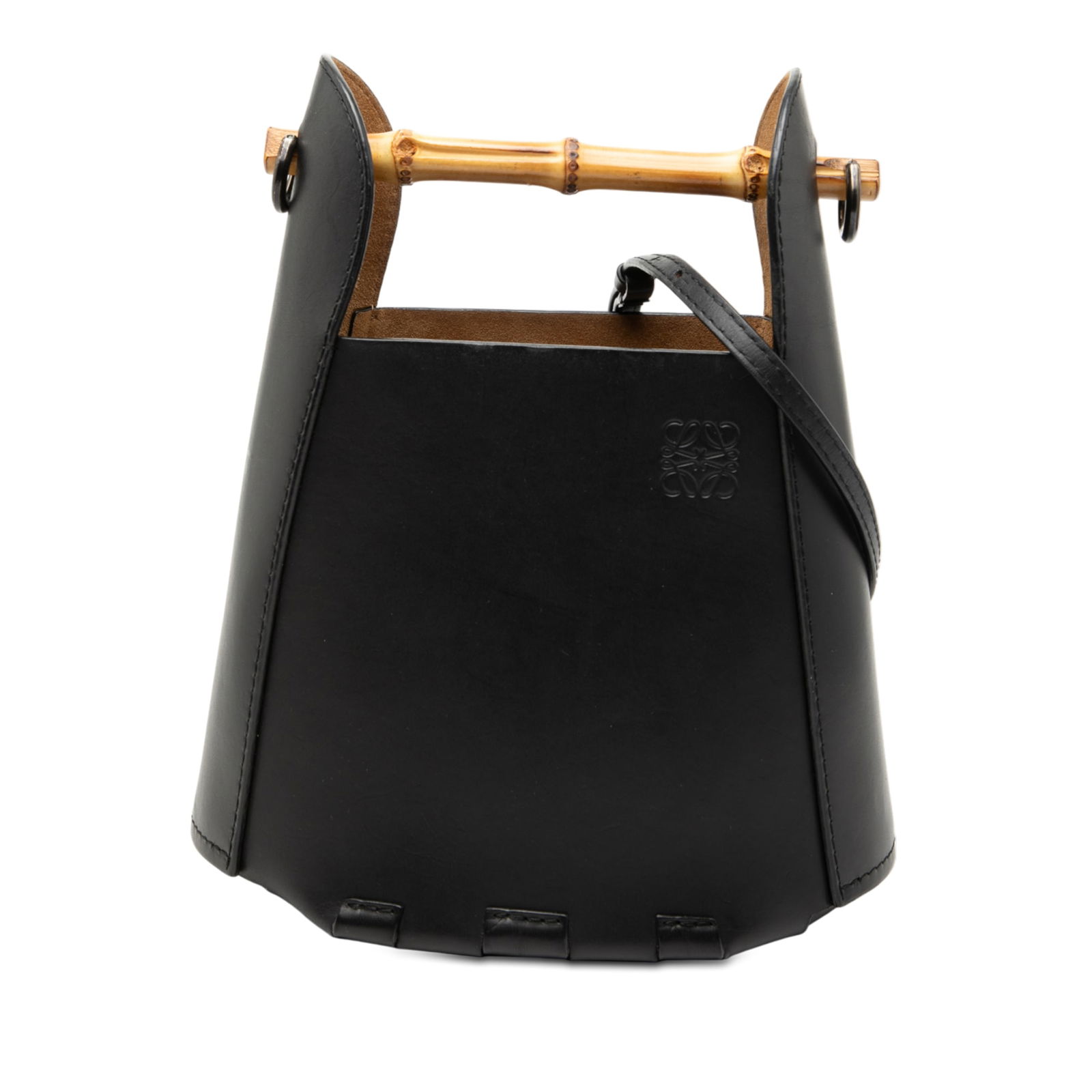 Black Leather Bamboo Handle Bucket Bag by Loewe with Strap: Black Leather Bamboo Handle Bucket Bag by Loewe with Strap This LOEWE bucket bag features a calfskin leather body in black, a distinctive bamboo top handle, and a detachable flat strap for versatile c