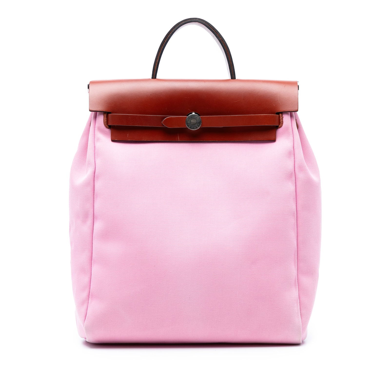 Hermes Toile Herbag GM Pink Canvas Backpack with Leather Straps: Hermes Toile Herbag GM Pink Canvas Backpack with Leather Straps The Hermes Toile Herbag GM Backpack is a stylish and practical accessory featuring a detachable canvas body and a flat leather top handl
