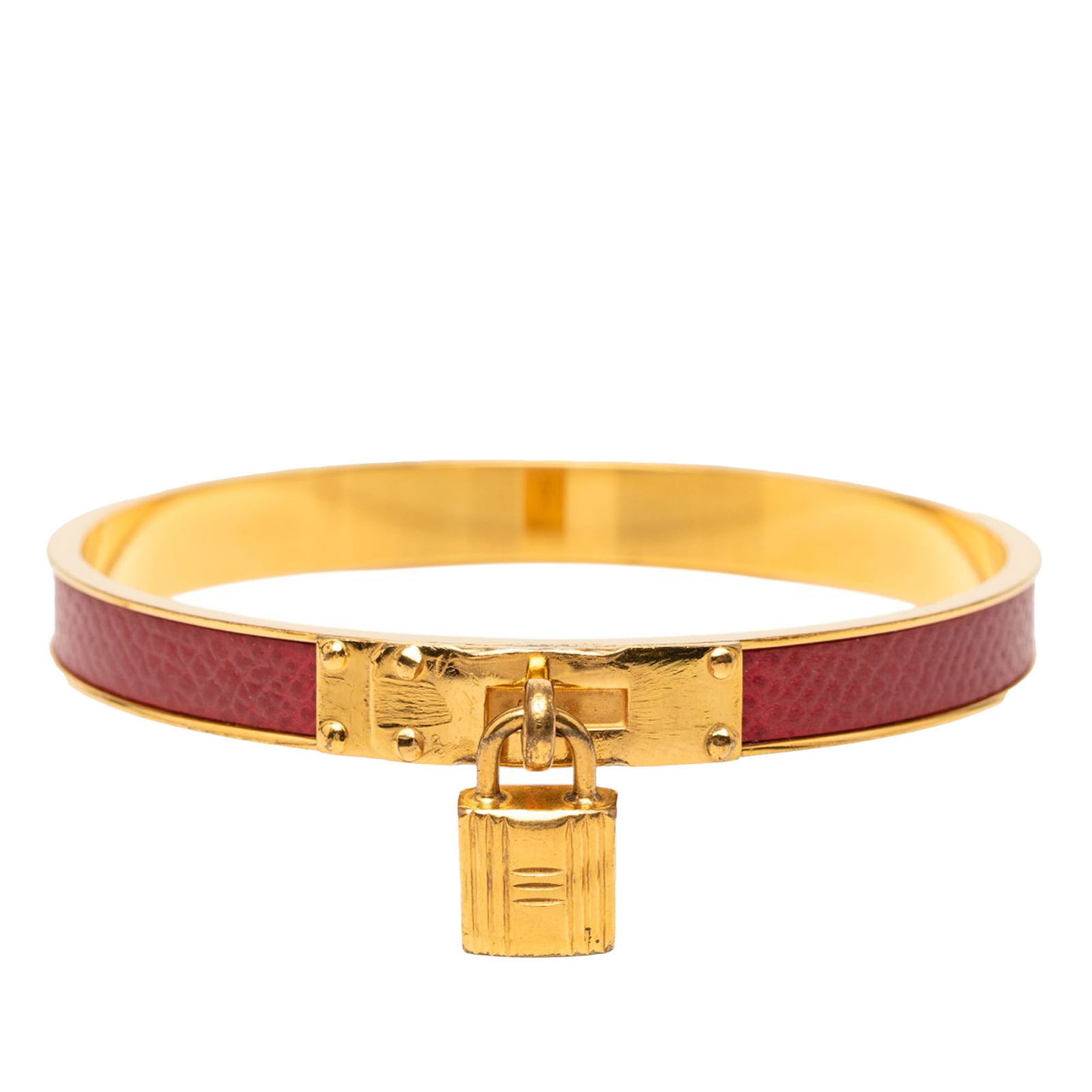 Epsom Kelly Cadena Leather and Gold Plated Bangle Bracelet by Hermes: Epsom Kelly Cadena Leather and Gold Plated Bangle Bracelet by Hermes This Hermes Kelly Cadena Lock bangle bracelet features a gold-plated metal and red Epsom leather design. The bracelet is adorned wi