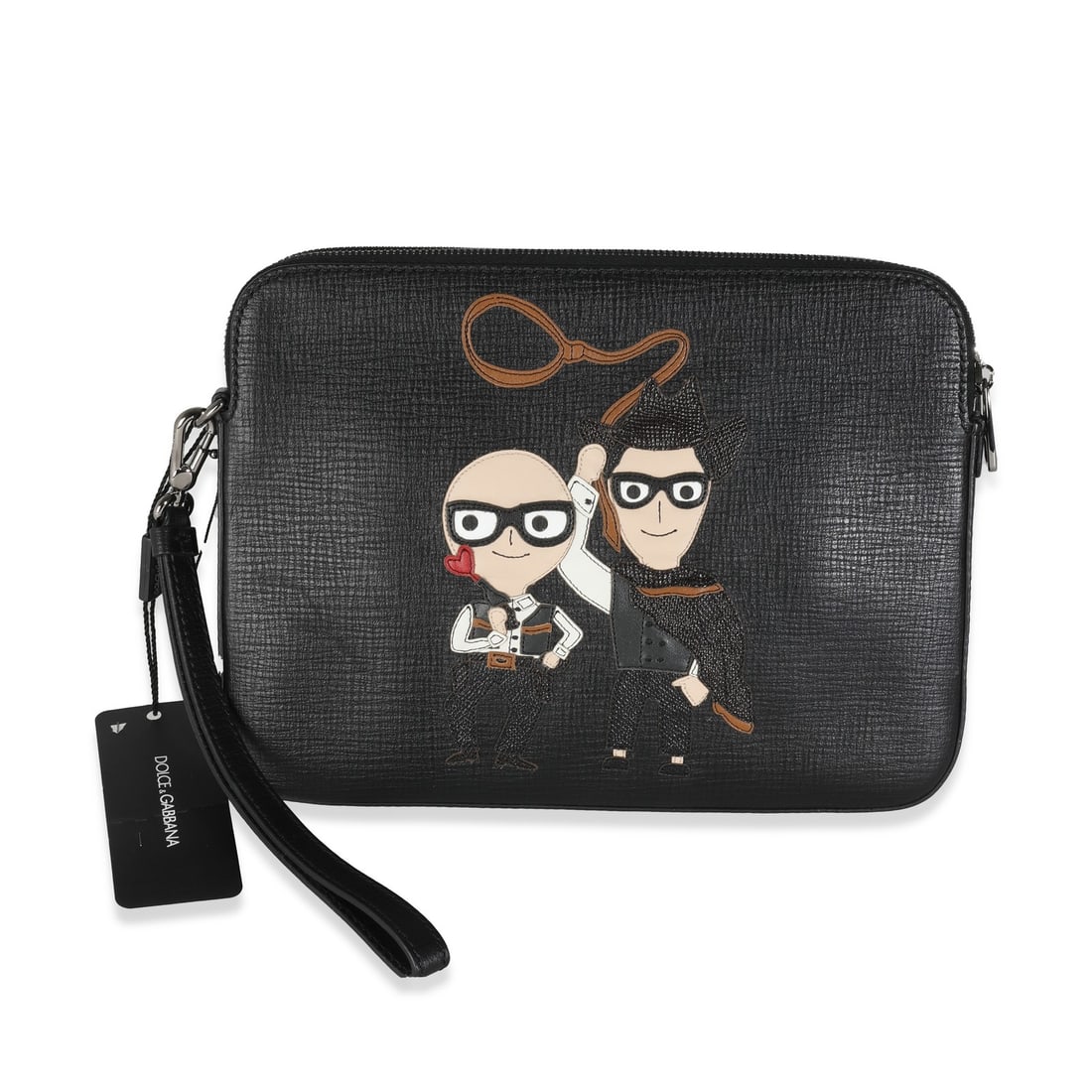 Dolce & Gabbana Black Leather Double Zip Cowboy Pouch: Dolce & Gabbana Black Leather Double Zip Cowboy Pouch This stylish Dolce & Gabbana Black Textured Leather Cowboy Men Patch Double Zip Pouch is designed for both functionality and fashion. Made from hi