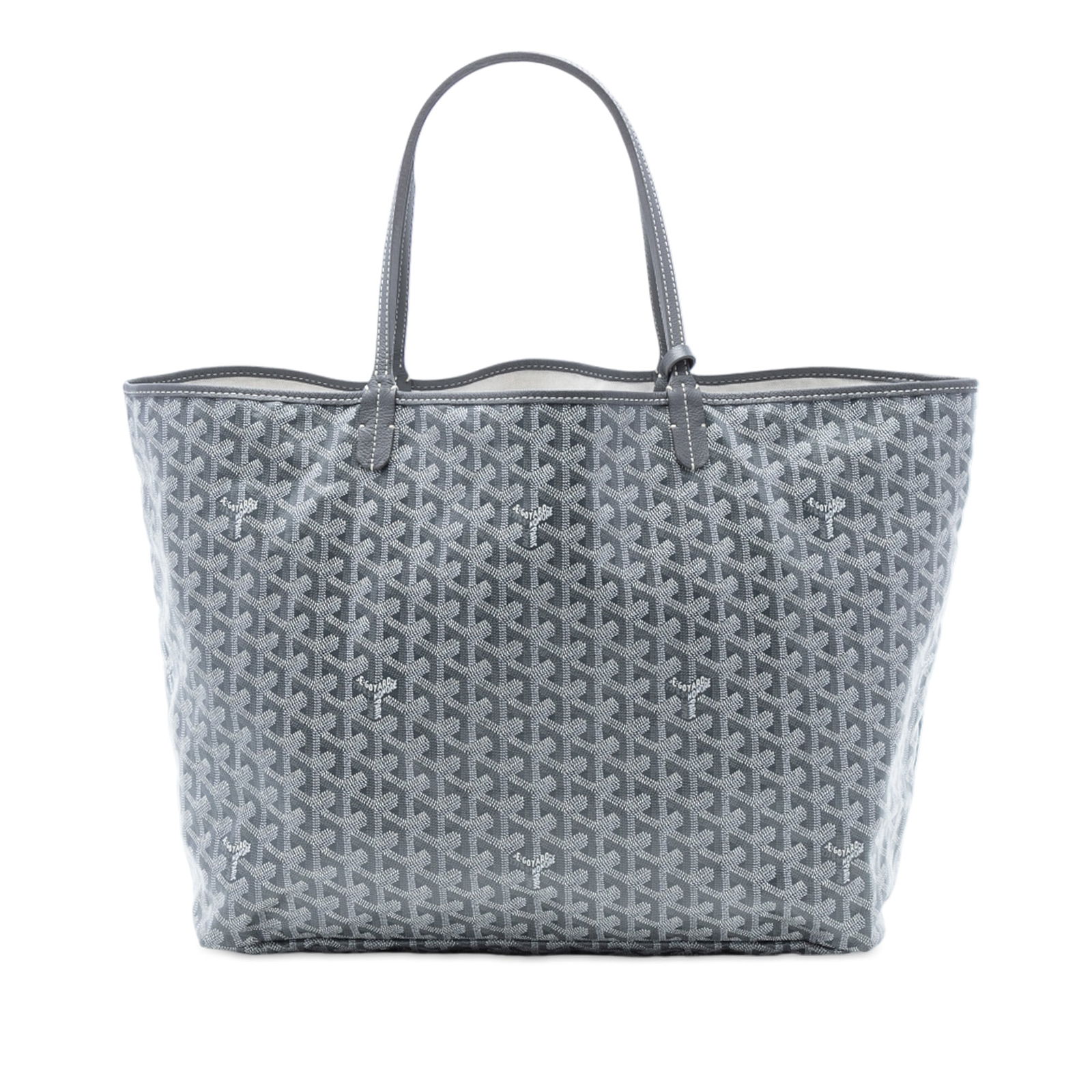 Goyard Saint Louis GM Gray Tote with Pouch and Leather Trim: Goyard Saint Louis GM Gray Tote with Pouch and Leather Trim The Goyardine Saint Louis GM is a spacious tote bag crafted from coated canvas with leather trim. It features flat leather handles, an open