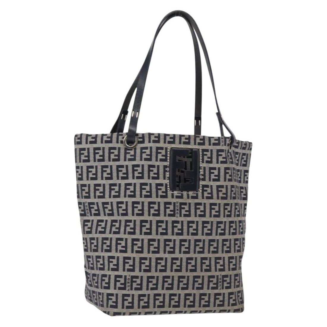 Fendi Zucchino Navy Canvas Handbag with Silver Tone Accents: Fendi Zucchino Navy Canvas Handbag with Silver Tone Accents This FENDI Zucchino canvas handbag features a navy and silver color scheme with a classic design. Crafted in Italy, it has a structured silh