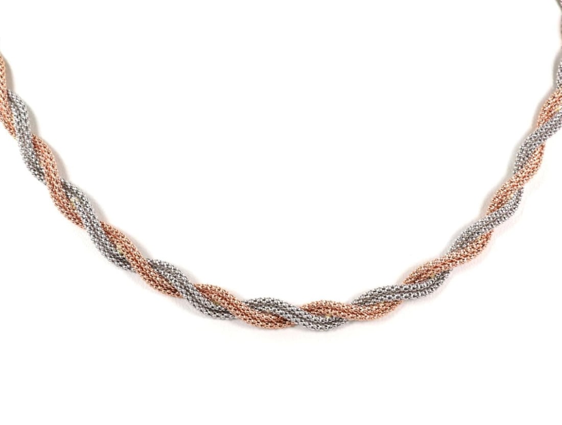 14k Rose and White Gold Twisted Bead Choker Necklace 17.75 Inch: 14k Rose and White Gold Twisted Bead Choker Necklace 17.75 Inch This elegant choker necklace features a twisted bead design crafted from 14k rose and white gold. The necklace showcases a sophisticated