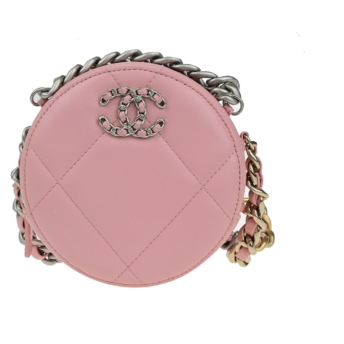 Chanel Pink Quilted Leather Round Clutch with Chain 12cm: Chanel Pink Quilted Leather Round Clutch with Chain 12cm This Chanel 19 Round Clutch with Chain features a quilted pink leather exterior and a round silhouette. Designed for women, it combines eleganc
