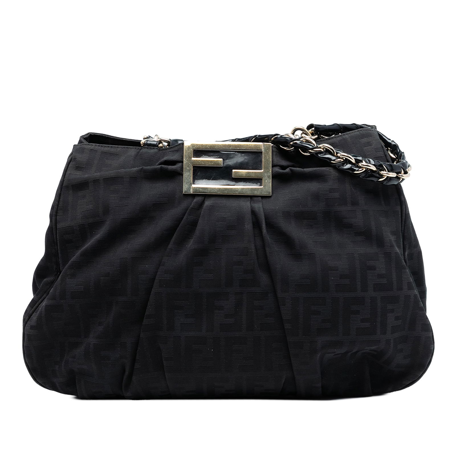 Canvas Mia Tote Bag by Fendi with Large Zucca Pattern: Canvas Mia Tote Bag by Fendi with Large Zucca Pattern The Fendi Large Zucca Canvas Mia Tote features a canvas body with leather-woven chain link straps and an open top. The interior is designed with a