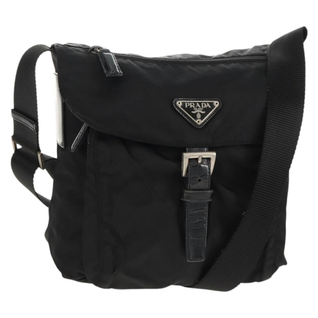 Prada Tessuto Nylon Messenger Bag Black 21cm by 22cm by 11cm: Prada Tessuto Nylon Messenger Bag Black 21cm by 22cm by 11cm This Prada Buckle Messenger Bag in black nylon offers a unisex design with functional dimensions of 21cm x 22cm x 11cm. Made in Italy, the