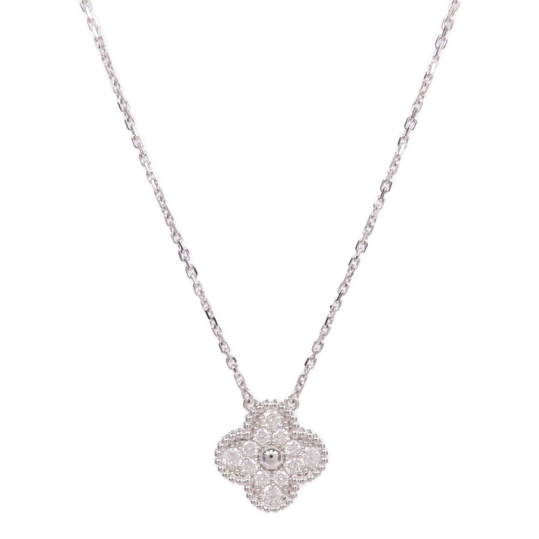 Van Cleef Arpels Alhambra White Gold Diamond Vintage Pendant Necklace: Van Cleef Arpels Alhambra White Gold Diamond Vintage Pendant Necklace This Van Cleef & Arpels Vintage Alhambra pendant necklace is crafted from 18K white gold and features a diamond centerpiece. The n