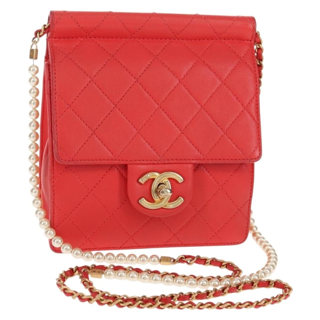 CHANEL Red Gold Satin 2way Shoulder Bag with Chain Auth 140496M (1 of 18)