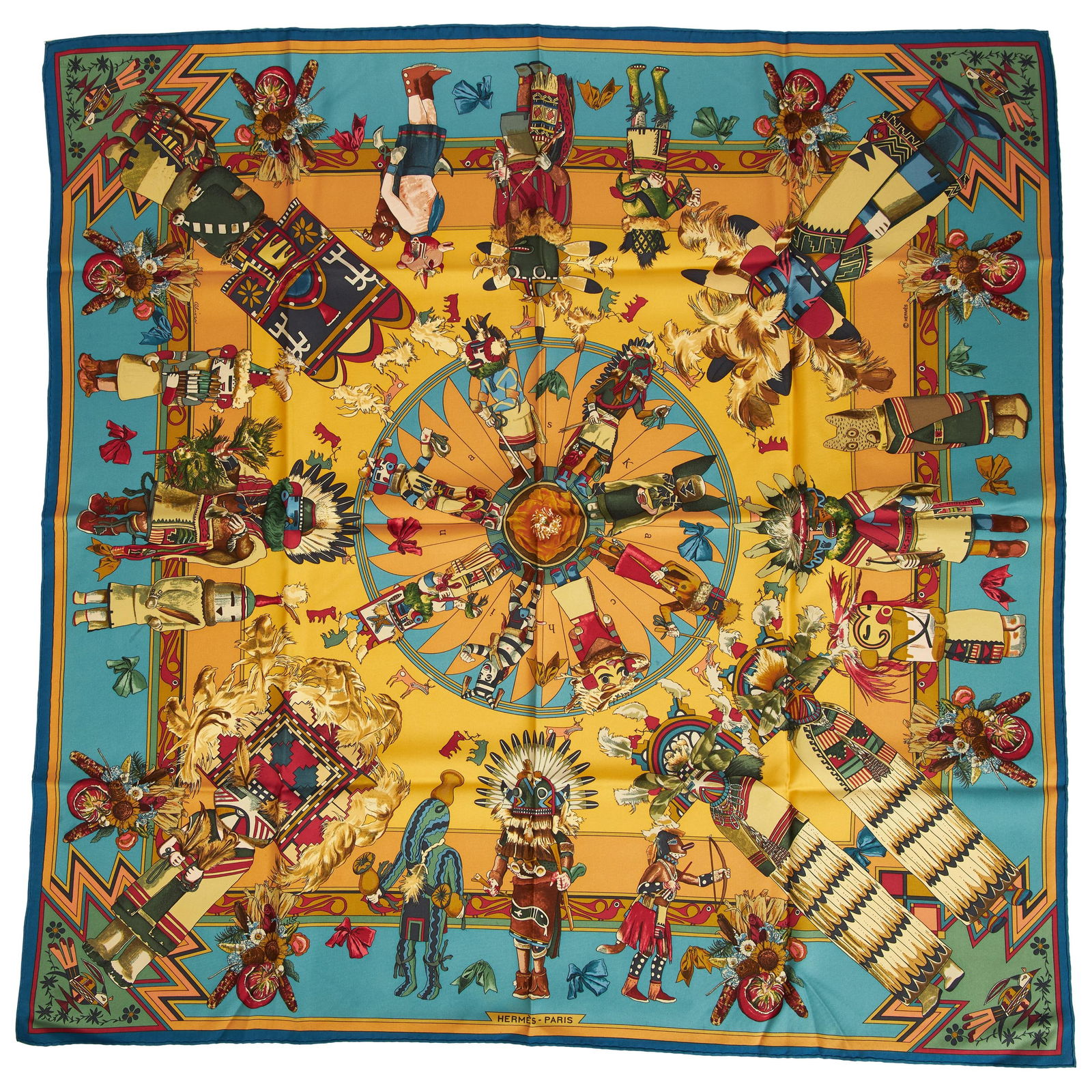 Hermes Kachinas Blue Yellow Silk Scarf by Kermit Oliver 35in (1 of 4)
