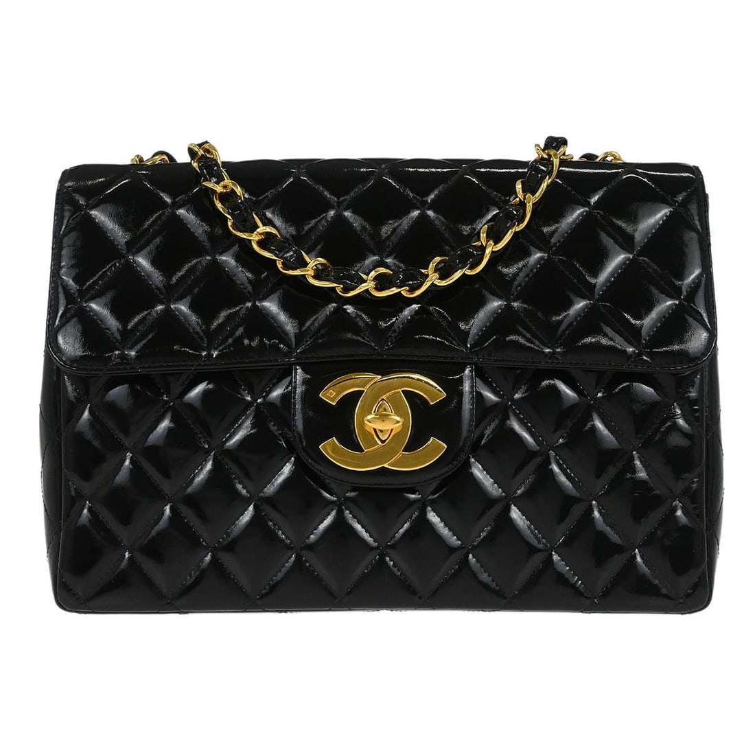 Jumbo Classic Flap Black Patent Leather Shoulder Bag by Chanel: Jumbo Classic Flap Black Patent Leather Shoulder Bag by Chanel This Chanel Classic Flap Jumbo shoulder bag is crafted from black patent leather with a matelasse quilted pattern. It features a large si