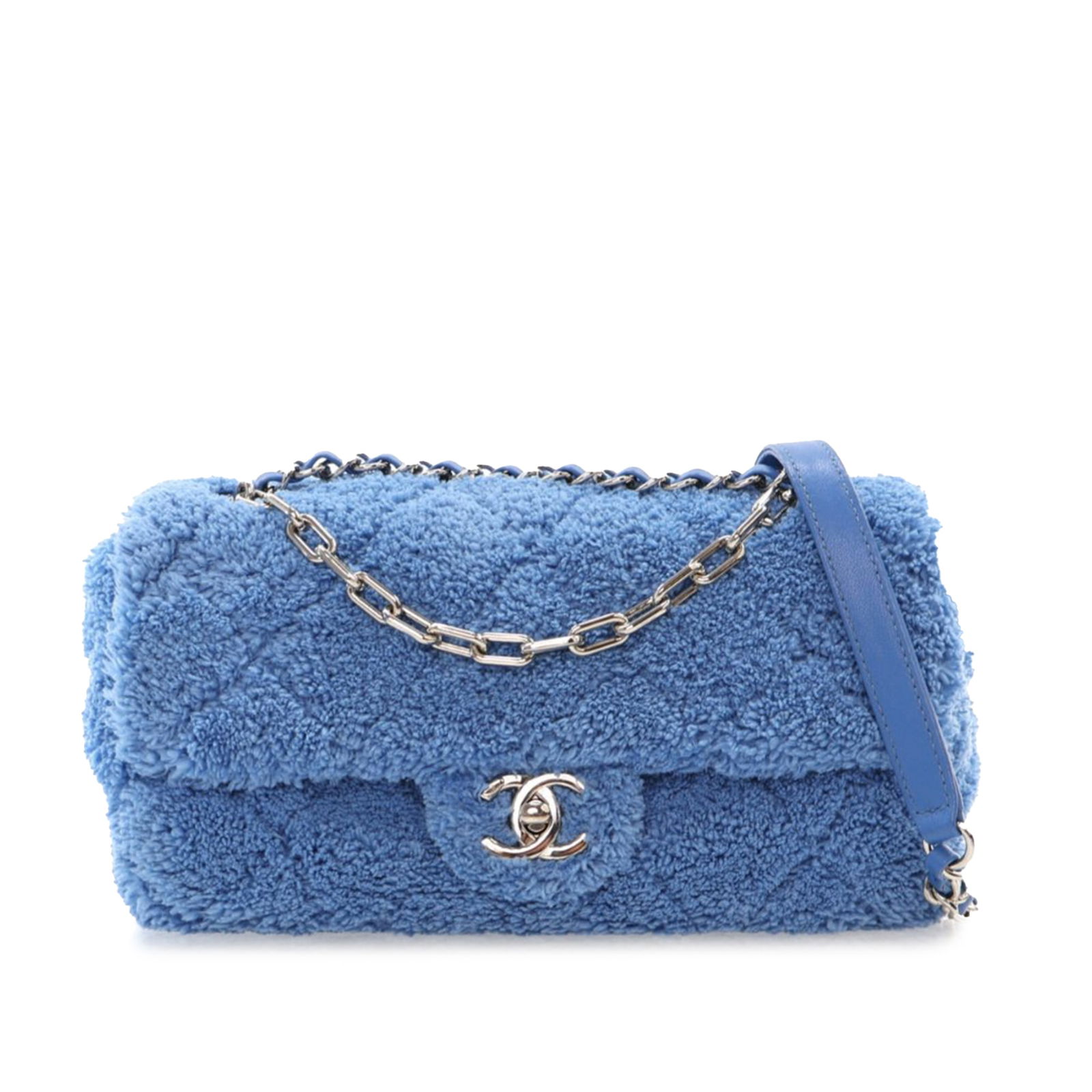Chanel Medium Quilted Terry Cloth Coco Beach Flap Bag Blue: Chanel Medium Quilted Terry Cloth Coco Beach Flap Bag Blue Elevate your accessory collection with the Chanel Medium Quilted Terry Cloth Coco Beach Flap. This stylish crossbody bag is crafted from soft