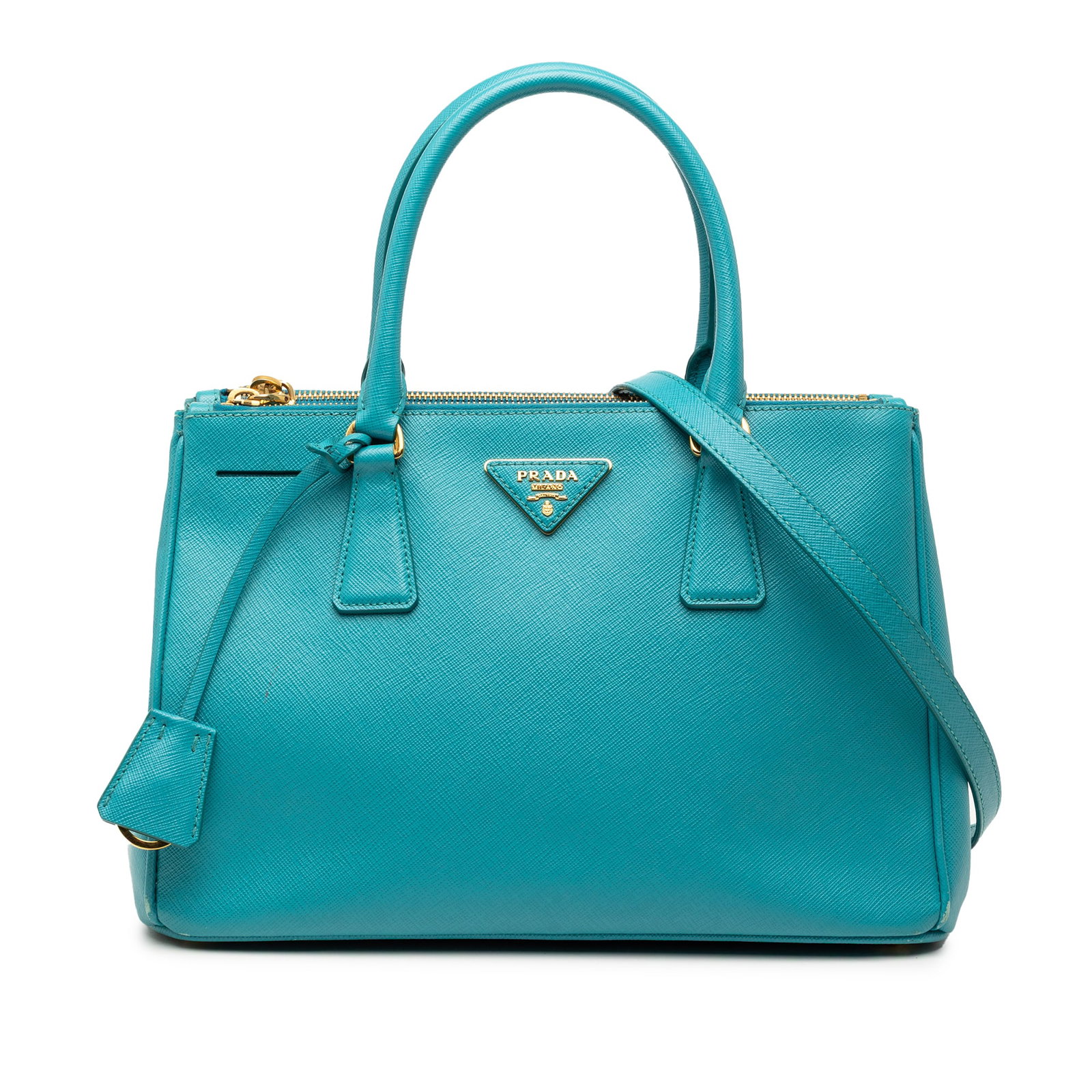 Blue Prada Galleria Saffiano Leather Small Double Zip Satchel Bag: Blue Prada Galleria Saffiano Leather Small Double Zip Satchel Bag This Prada Small Saffiano Lux Galleria Double Zip Satchel is crafted from blue saffiano leather and features rolled leather handles, a