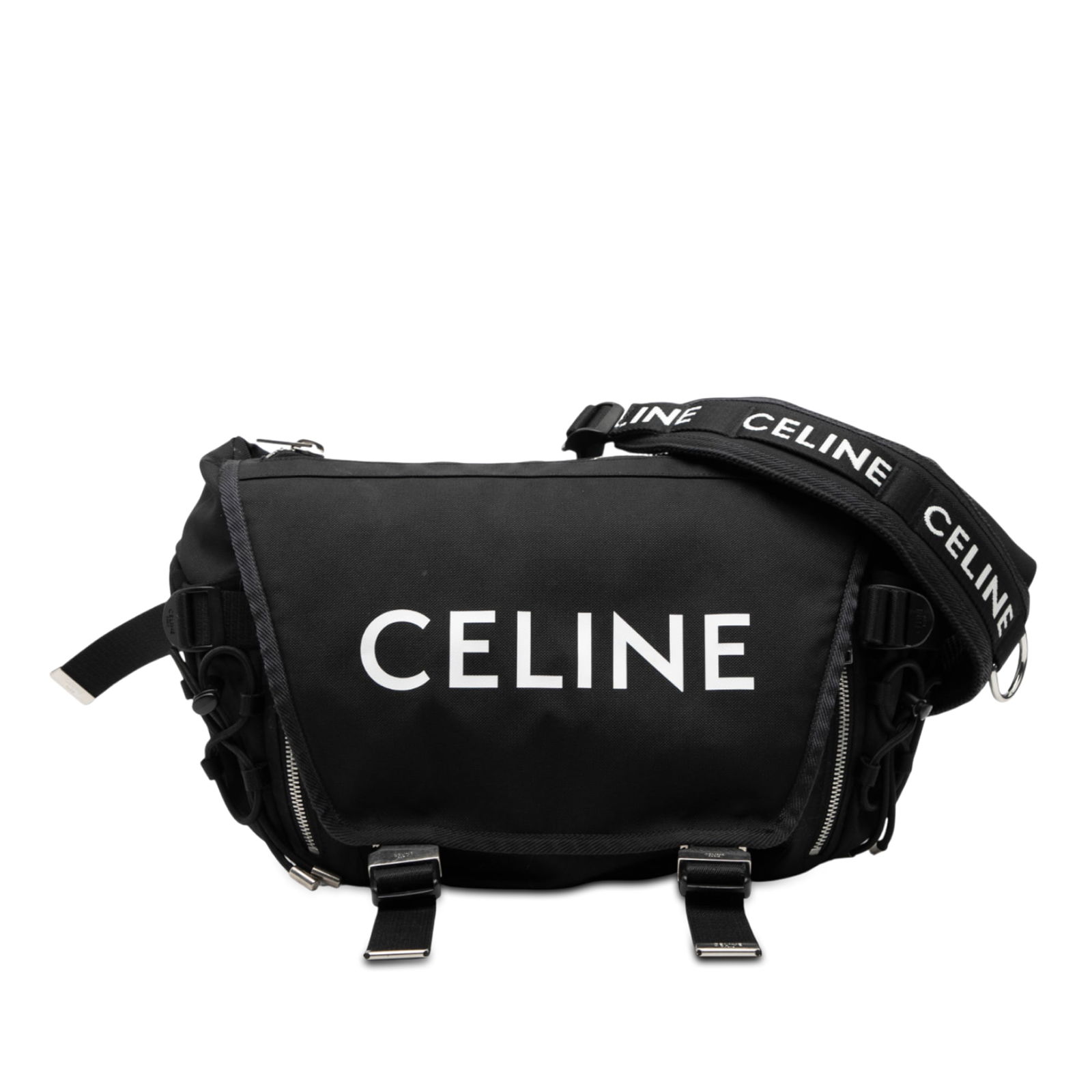 Celine Trekking Messenger Crossbody Bag Medium Black Nylon Logo: Celine Trekking Messenger Crossbody Bag Medium Black Nylon Logo This Celine Medium Nylon Logo Trekking Messenger Bag is crafted from durable black nylon and features an adjustable flat canvas shoulder