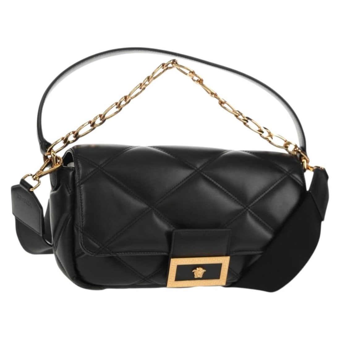 VERSACE Black Gold Medusa Leather Shoulder Bag Auth Italy: VERSACE Black Gold Medusa Leather Shoulder Bag Auth Italy Elevate your style with the VERSACE Medusa Shoulder Bag, a luxurious accessory crafted in Italy. This stunning handbag features a sleek black