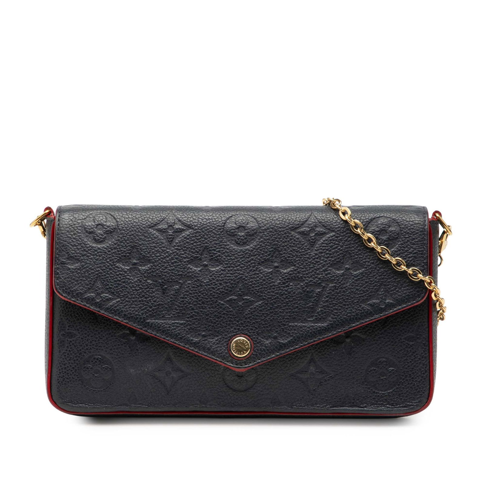 Louis Vuitton Pochette Felicie Blue Monogram Empreinte Leather Shoulder Bag: Louis Vuitton Pochette Felicie Blue Monogram Empreinte Leather Shoulder Bag This Louis Vuitton Monogram Empreinte Pochette Felicie features a blue monogram-embossed leather body with a detachable chai