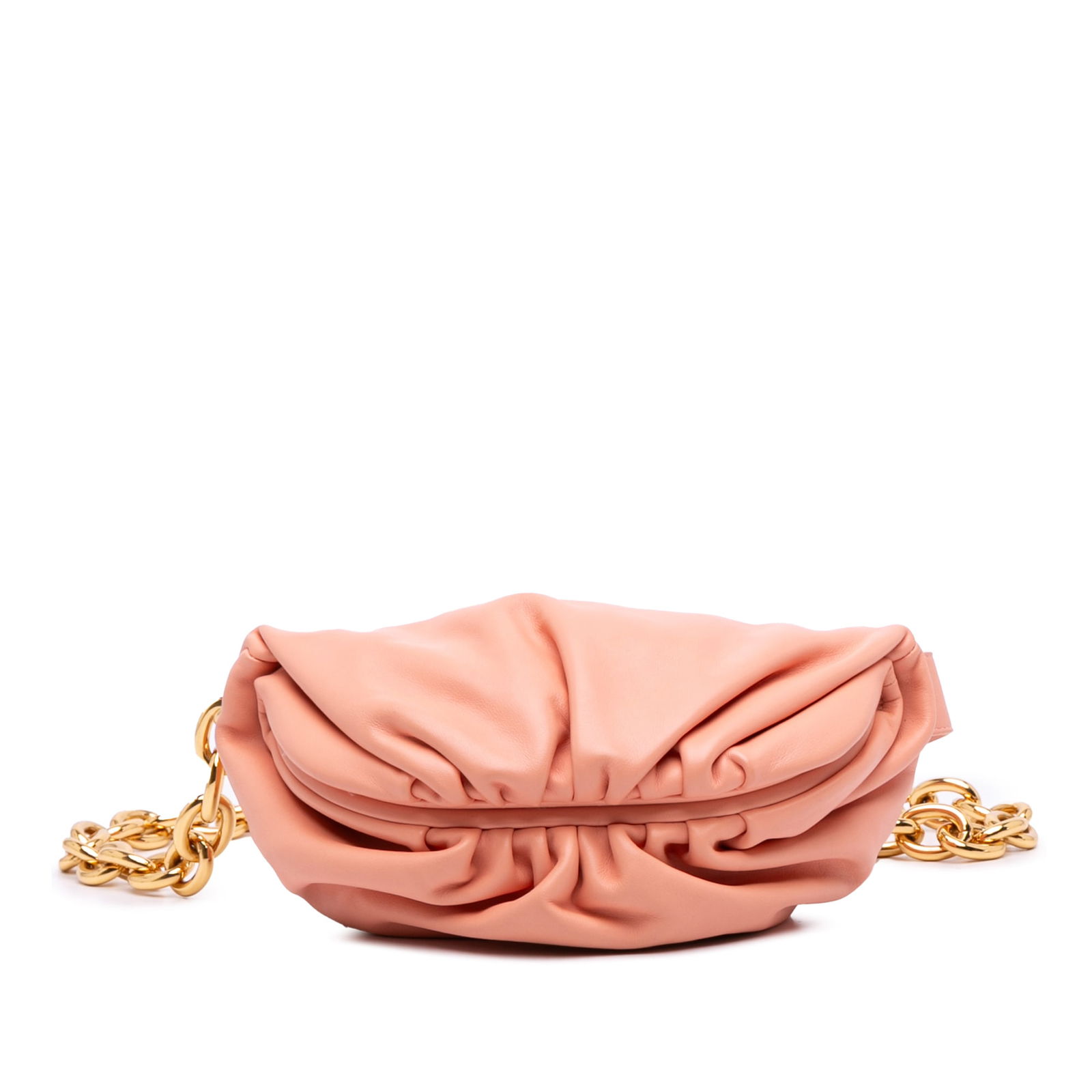 Bottega Veneta Pink Lambskin Belt Chain Pouch Bag: Bottega Veneta Pink Lambskin Belt Chain Pouch Bag Introducing the Bottega Veneta Lambskin Belt Chain Pouch, a stylish and functional belt bag crafted from high-quality leather. This chic accessory fea