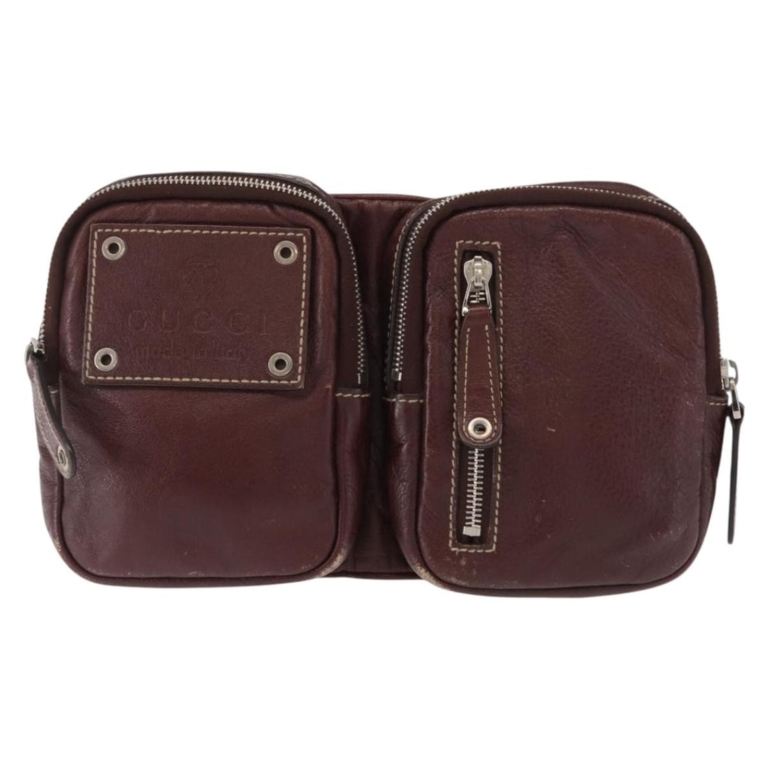 Burgundy Leather Gucci Belt Bag Unisex Waist Pouch 25cm: Burgundy Leather Gucci Belt Bag Unisex Waist Pouch 25cm This pre-owned Gucci belt bag features a burgundy leather exterior and is designed for unisex use. The bag displays signs of use, including surf