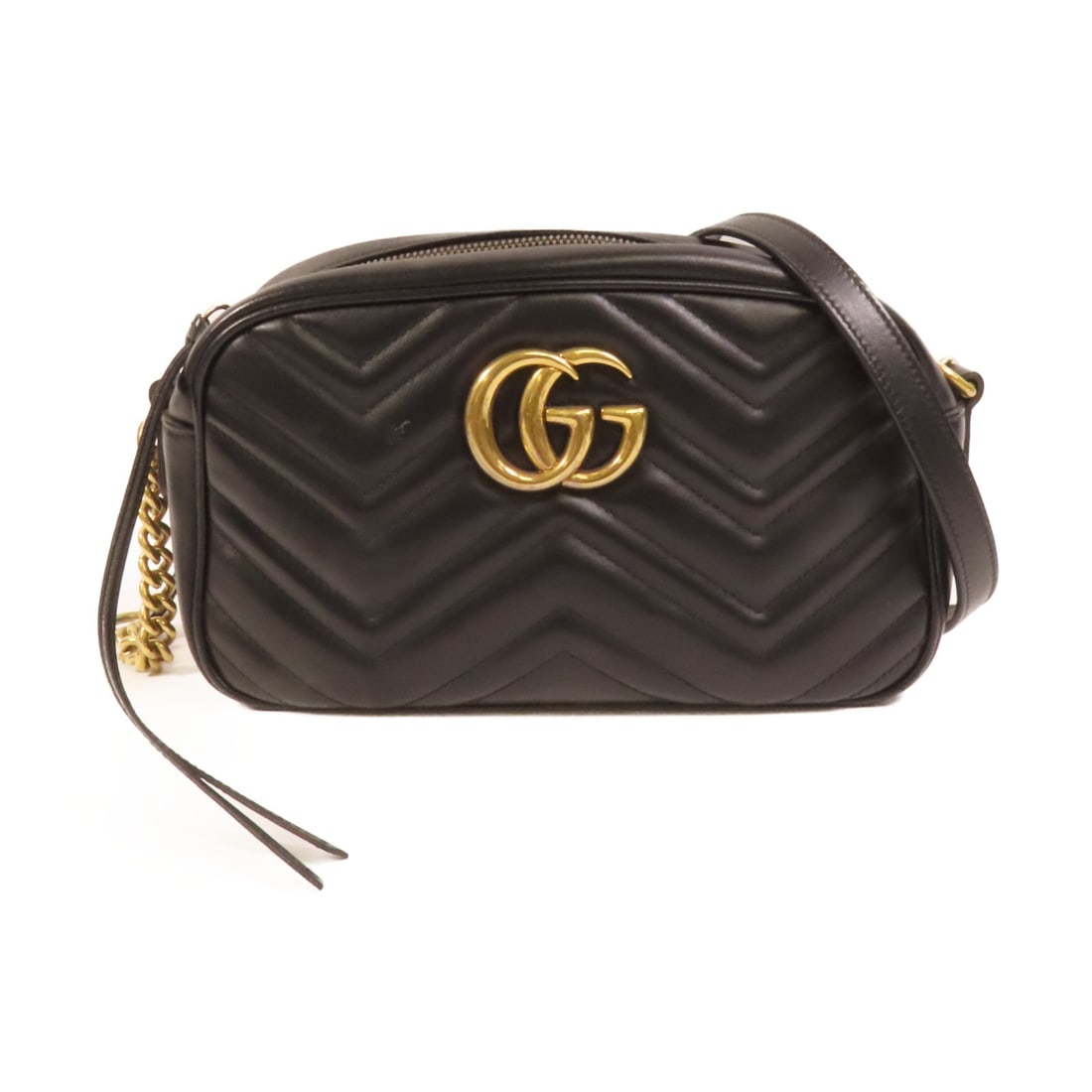 Black Calfskin GUCCI GG Marmont Small Shoulder Bag with Gold Hardware: Black Calfskin GUCCI GG Marmont Small Shoulder Bag with Gold Hardware This GUCCI GG Marmont small shoulder bag features black calfskin leather and is designed with a classic shoulder bag silhouette. T