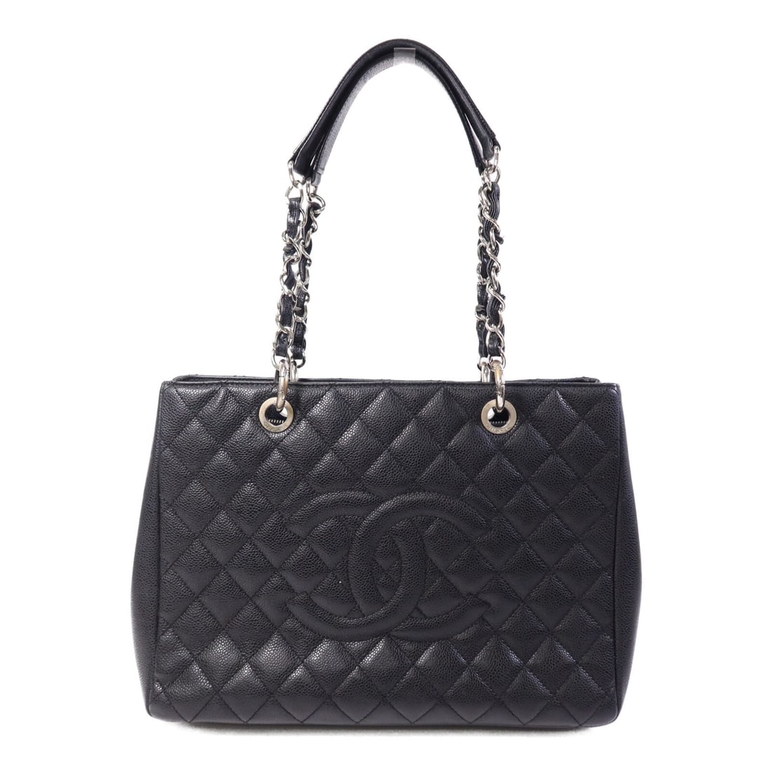 Black Calfskin Grand Shopping Tote Shoulder Bag by Chanel CC SHW: Black Calfskin Grand Shopping Tote Shoulder Bag by Chanel CC SHW This CHANEL Grand Shopping Tote (GST) is crafted from black calfskin leather and features the iconic CC logo. Designed as a shoulder ba