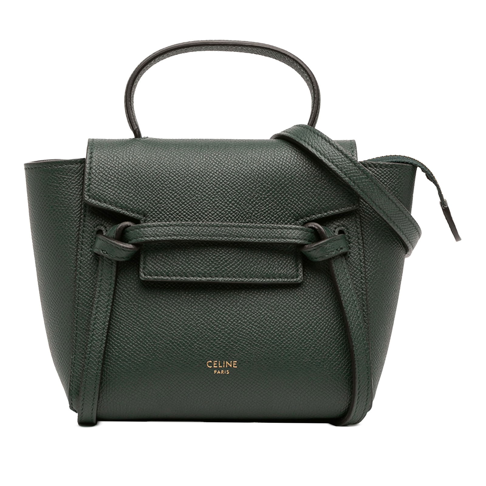 Celine Pico Belt Bag in Grained Calfskin Leather with Top Handle: Celine Pico Belt Bag in Grained Calfskin Leather with Top Handle This Celine Pico Grained Calfskin Belt Bag features a structured leather body in green, complemented by a flat leather top handle and a