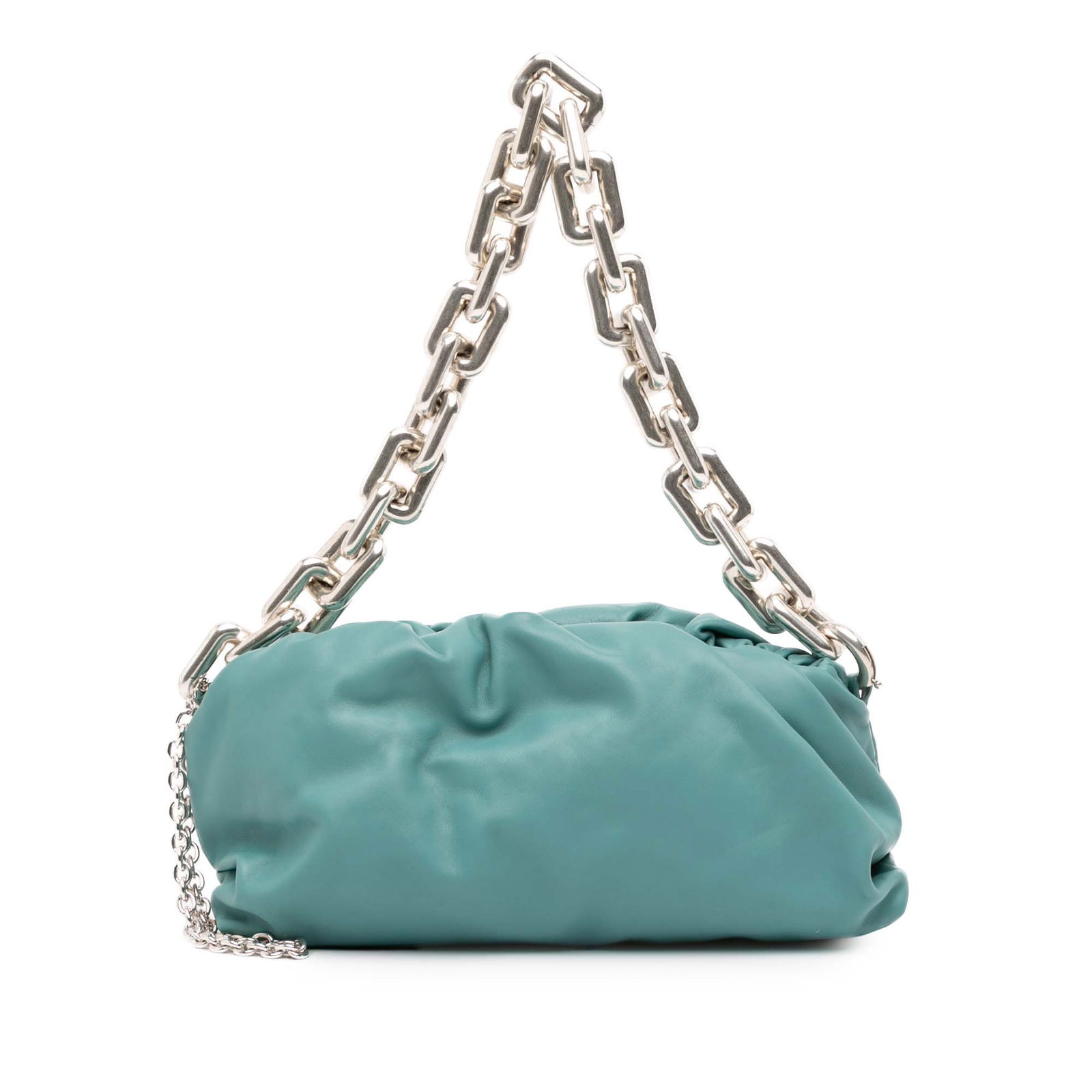 Bottega Veneta Blue Lambskin Chain Pouch with Silver Chain Strap: Bottega Veneta Blue Lambskin Chain Pouch with Silver Chain Strap This Bottega Veneta Lambskin Chain Pouch is a stylish and functional accessory crafted from high-quality leather. The pouch features a