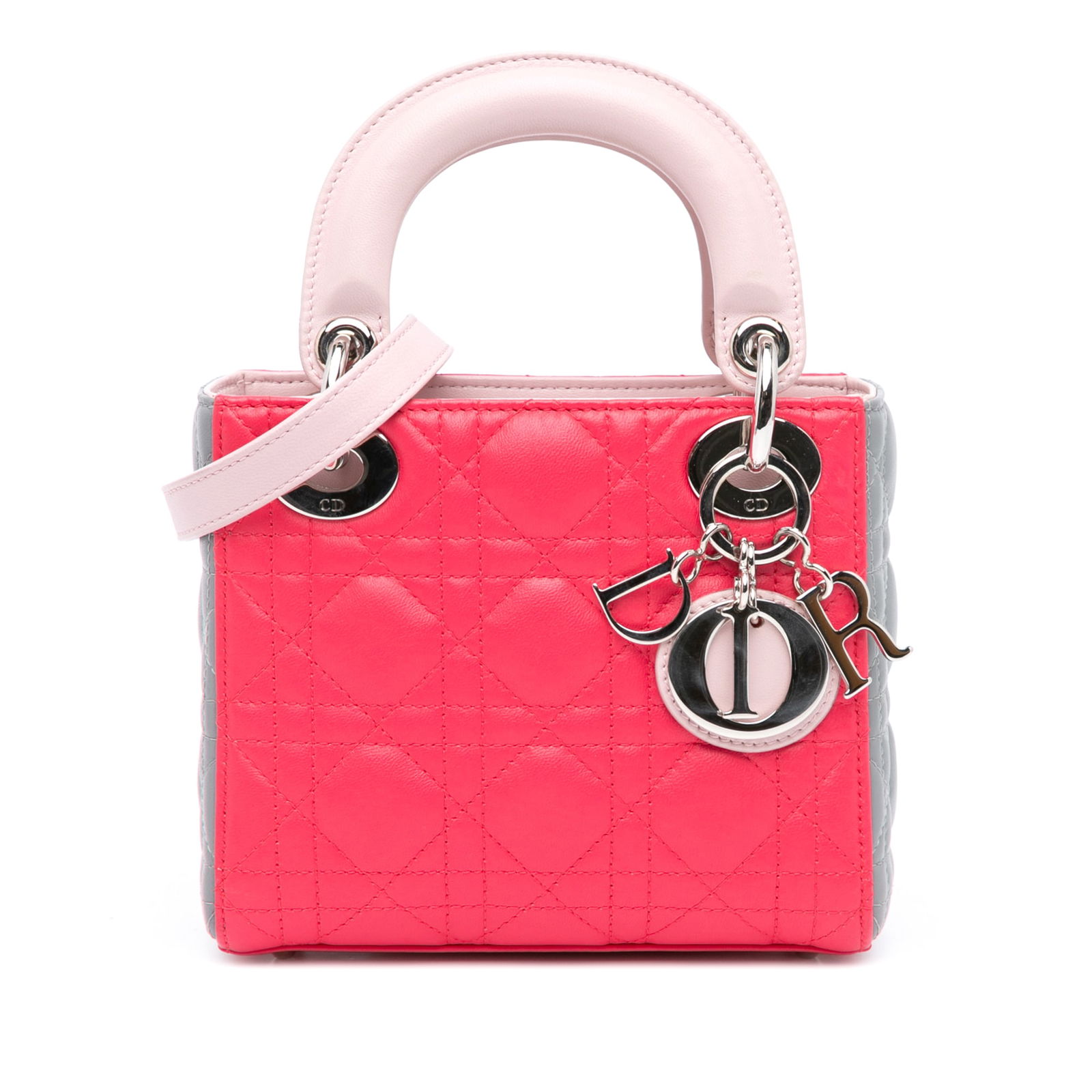 Dior Mini Tricolor Lambskin Cannage Bag in Pink: Dior Mini Tricolor Lambskin Cannage Bag in Pink This exquisite Mini Tricolor Lambskin Cannage Lady Dior bag epitomizes luxury and sophistication. Crafted from high-quality quilted lambskin leather, it